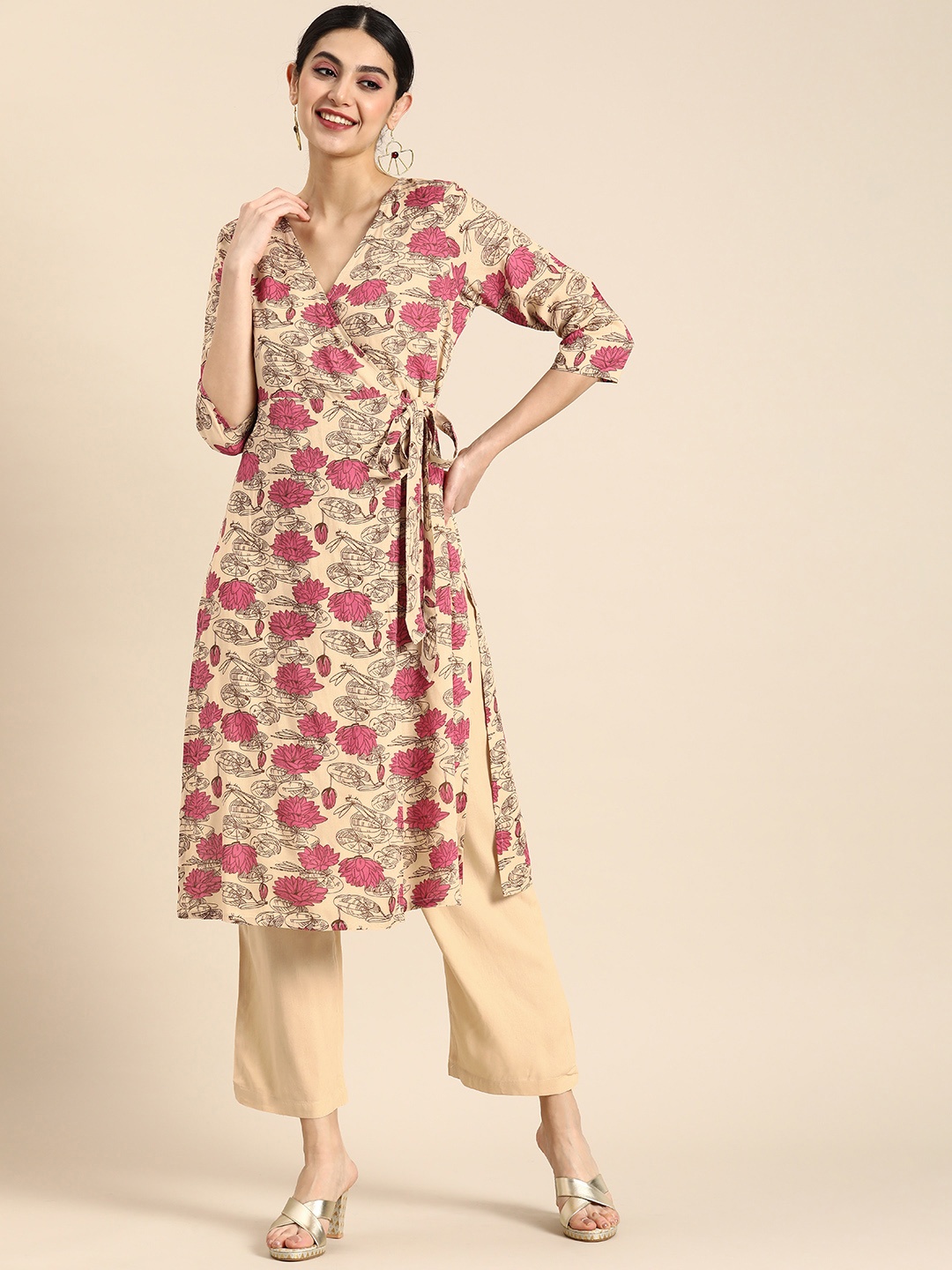 

Anouk Floral Printed Angrakha Kurta with Palazzos, Beige
