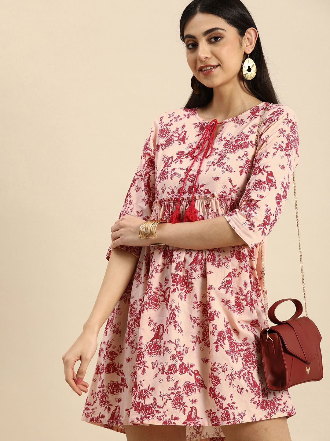 

Anouk Floral Printed Tie-Up Neck Empire Ethnic Dress, Peach