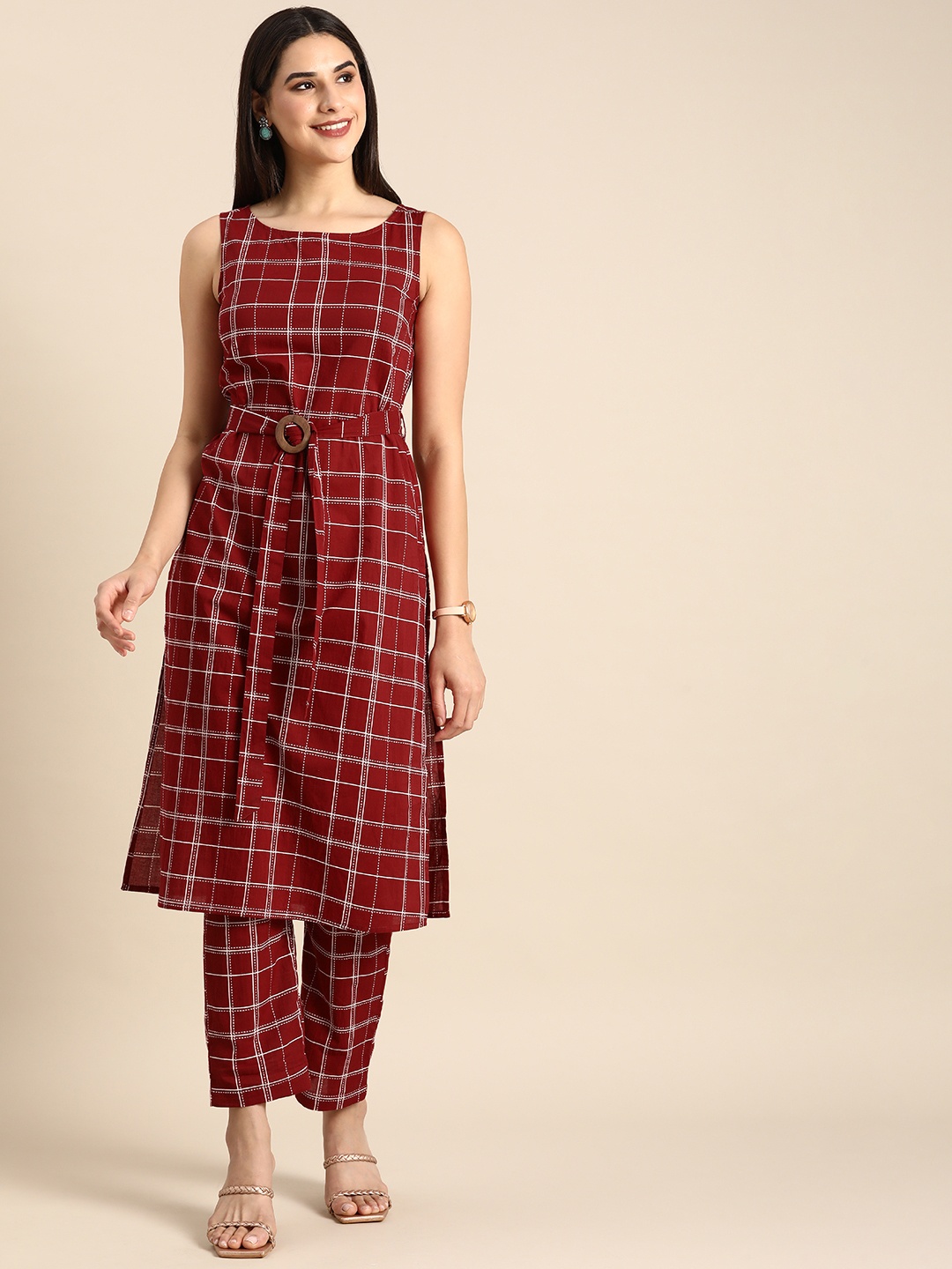 

Anouk Women Pure Cotton Checked Kurta with Trousers, Maroon