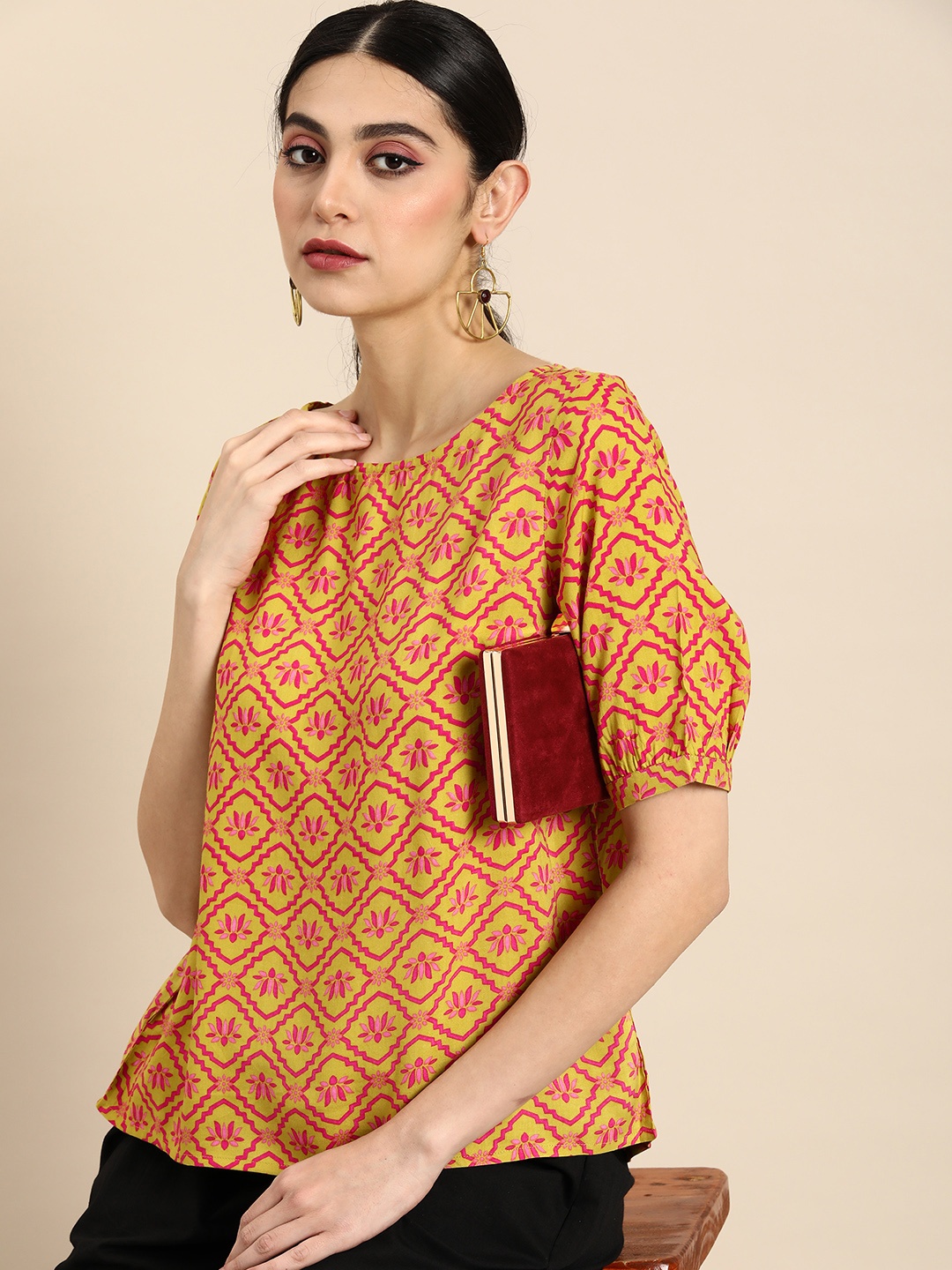 

Anouk Ethnic Motifs Round Neck Print Top Gathered Detail, Green