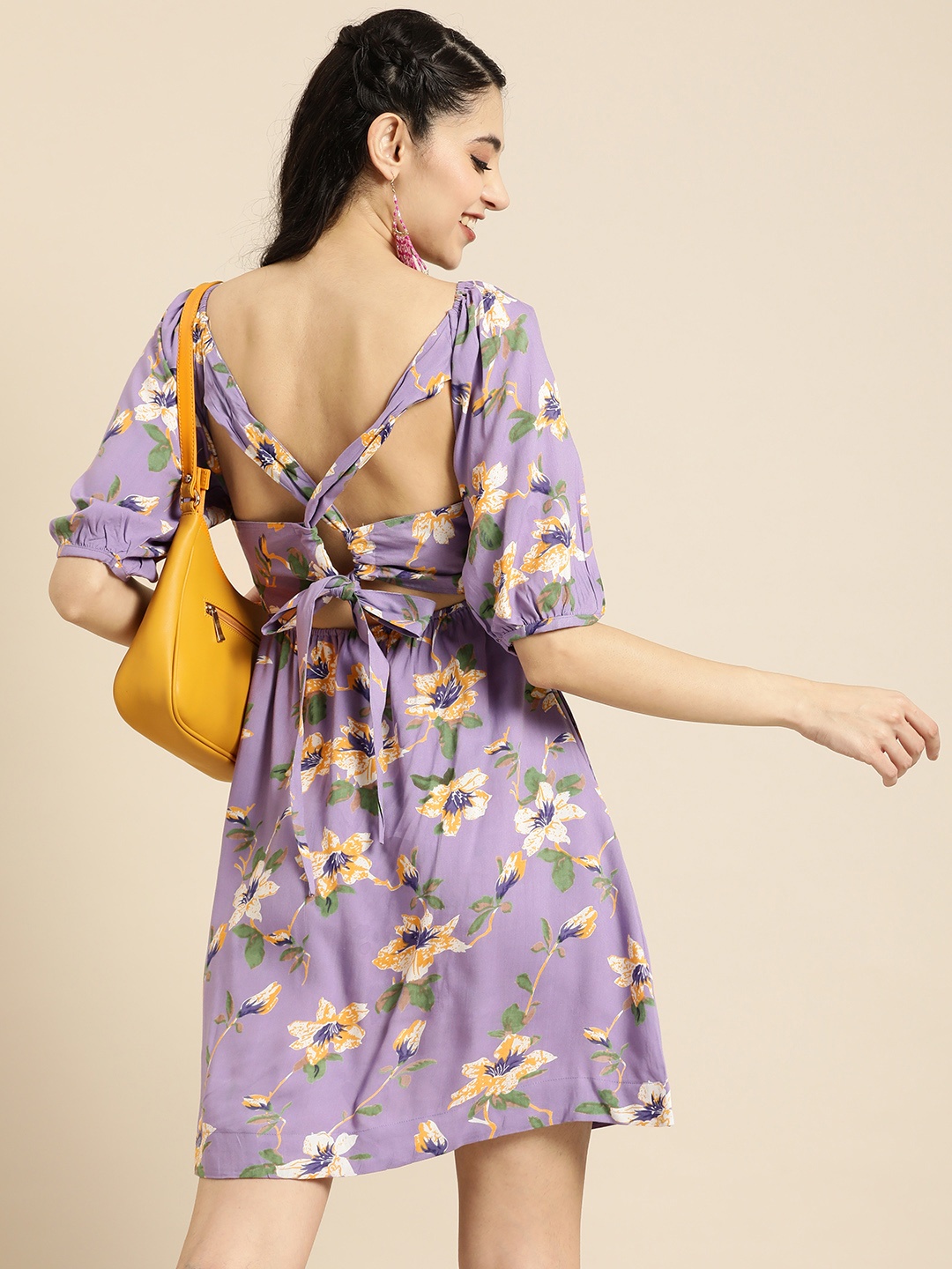 

Anouk Floral Printed Puff Sleeves A-Line Cut-Out Styled Back Dress, Lavender