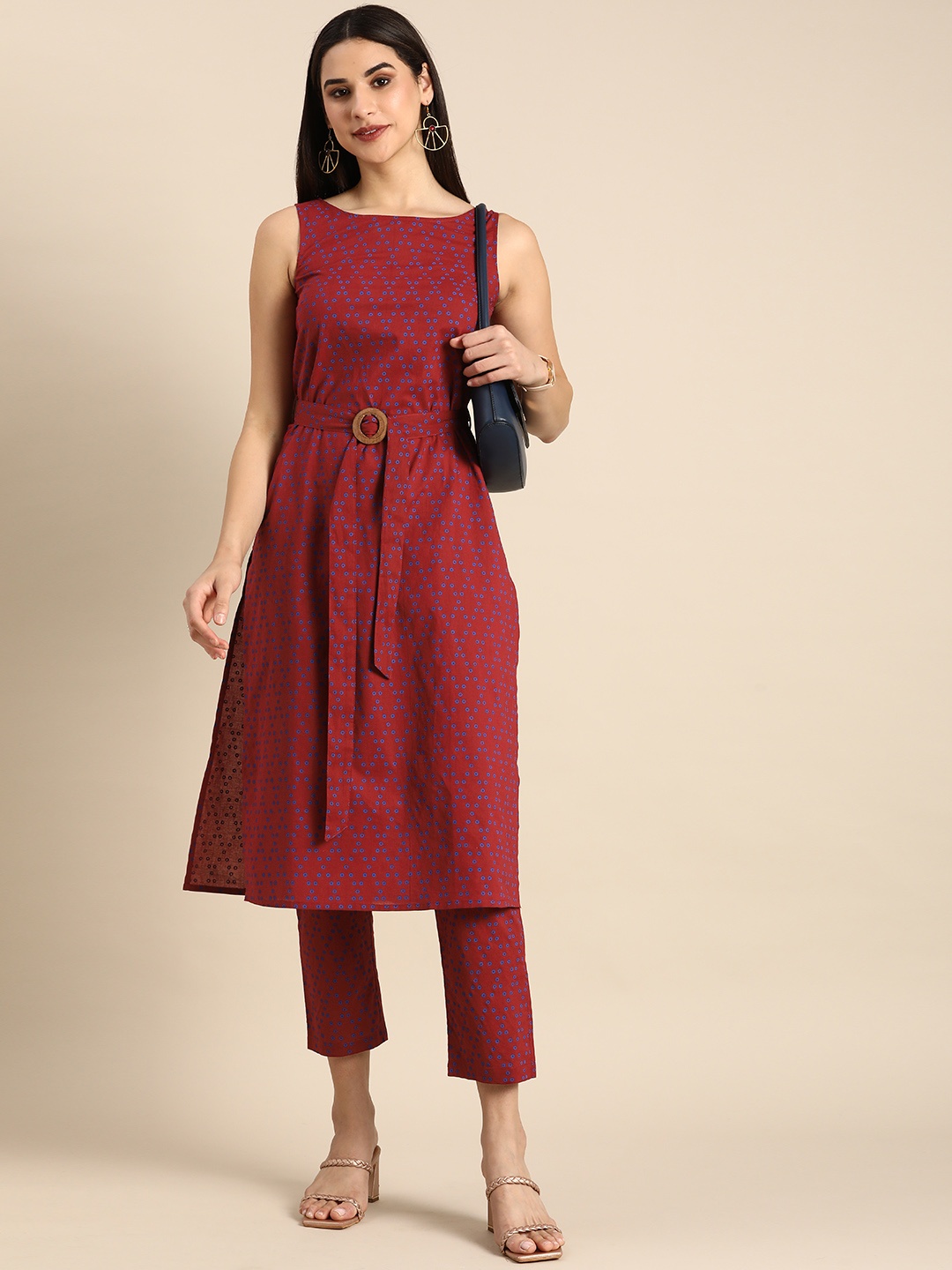 

Anouk Women Polka Dots Printed Pure Cotton Belted Kurta with Trousers, Maroon