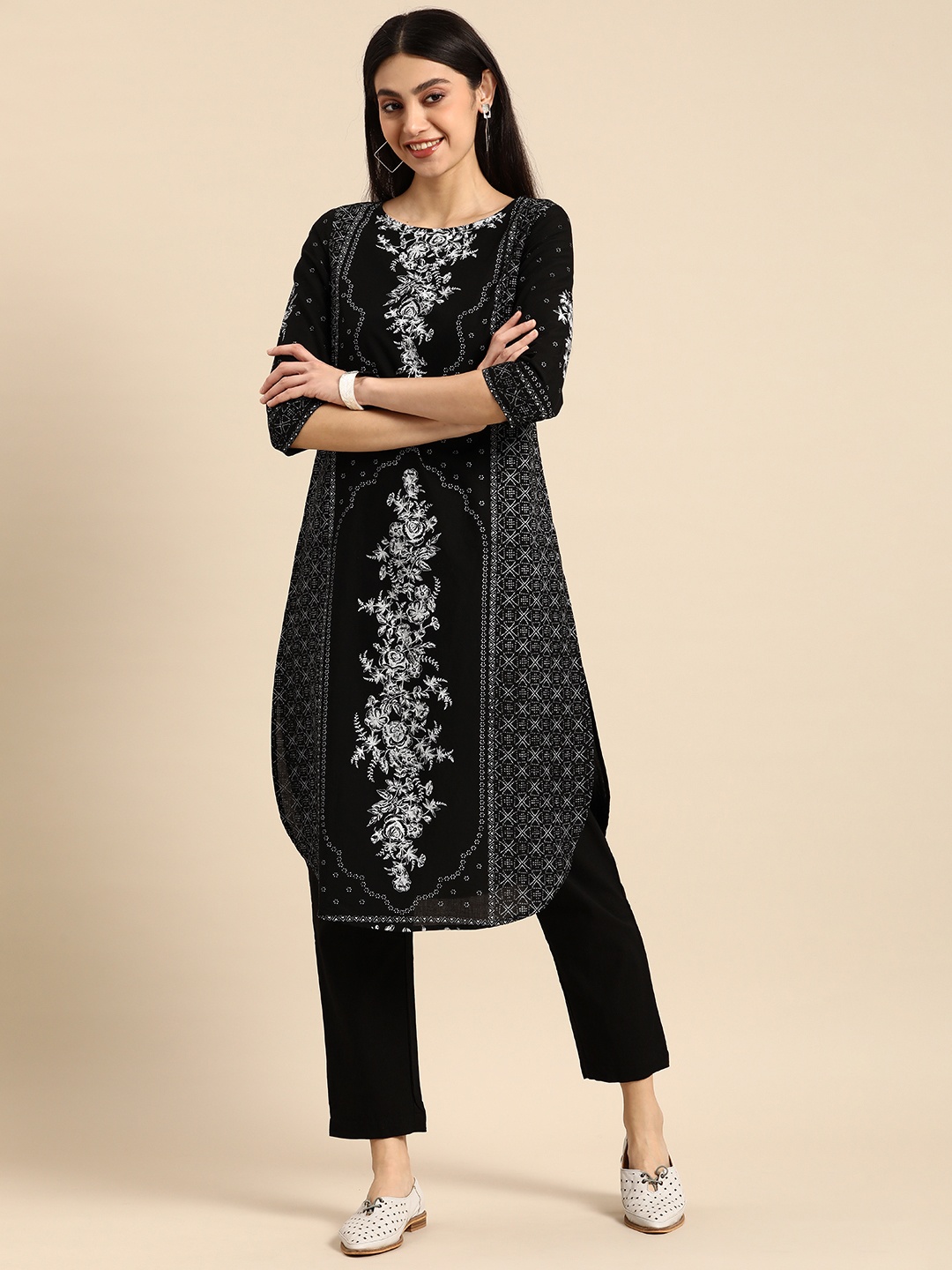 

Anouk Ethnic Motifs Printed Regular Pure Cotton Kurta with Trousers, Black