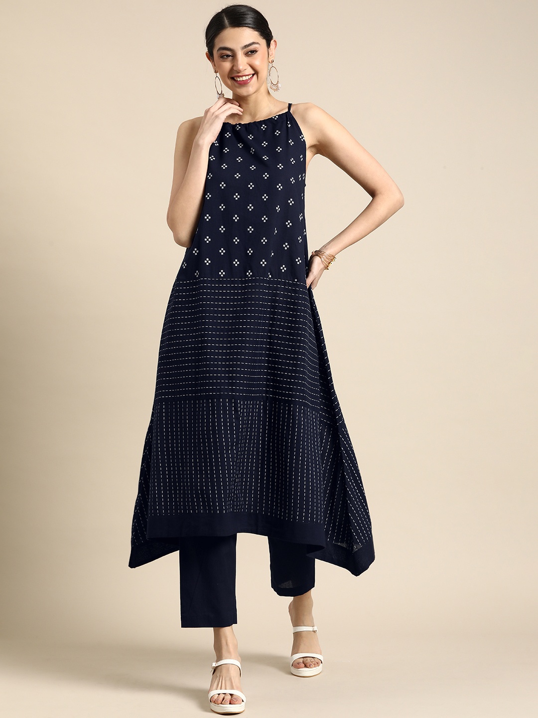 

Anouk Printed Pure Cotton Kurta with Trousers, Navy blue