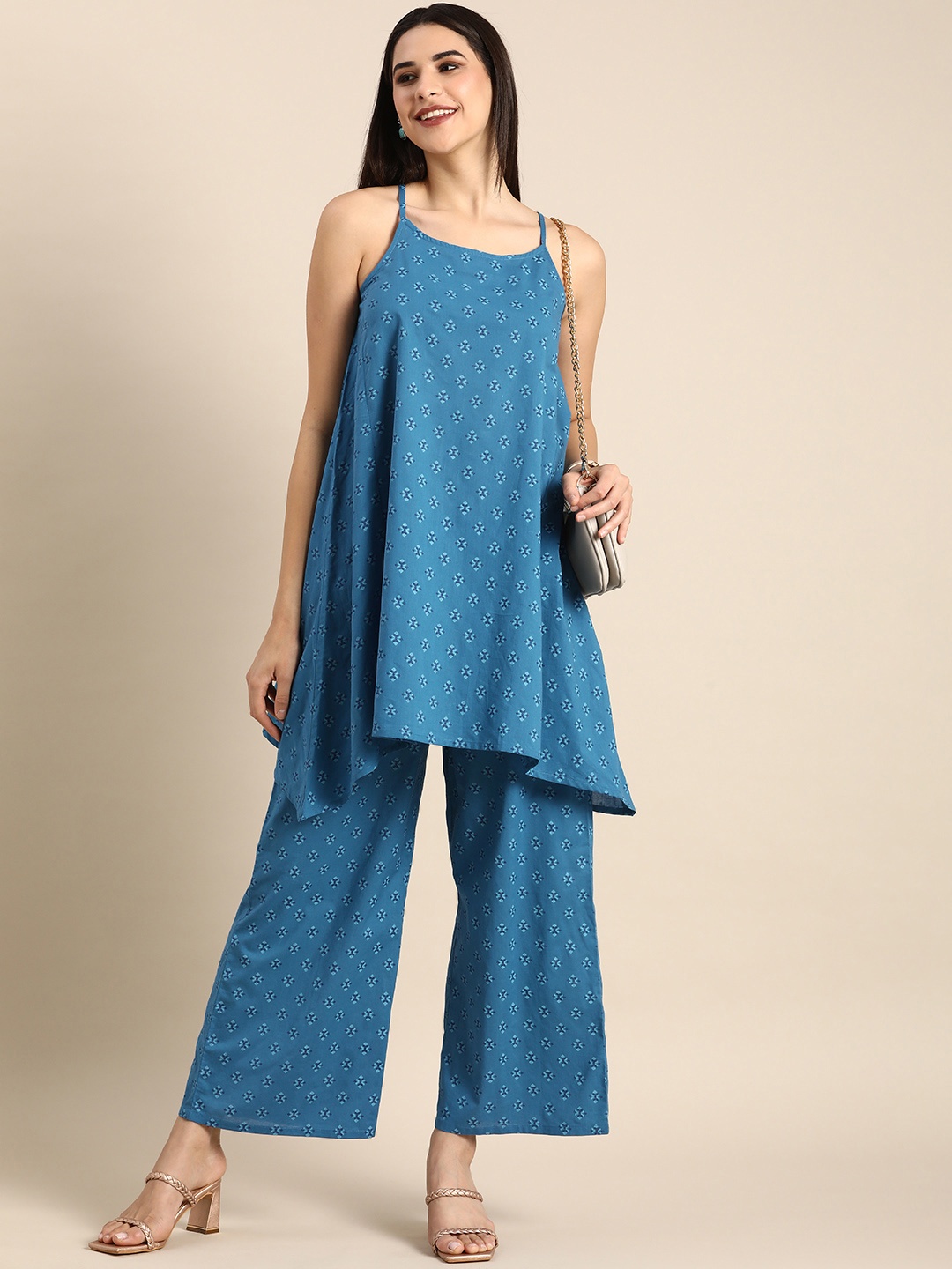 

Anouk Women Pure Cotton Ethnic Motifs Printed Asymmetric Kurta with Palazzos, Blue