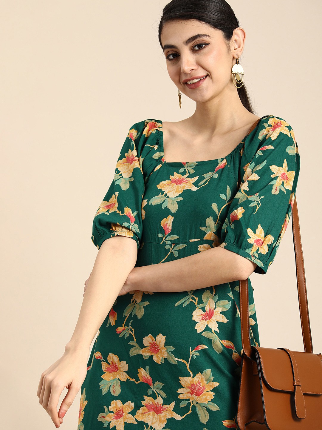 

Anouk Square Neck Styled Back With Tie-Up Detail Fit & Flare Floral Dress, Green