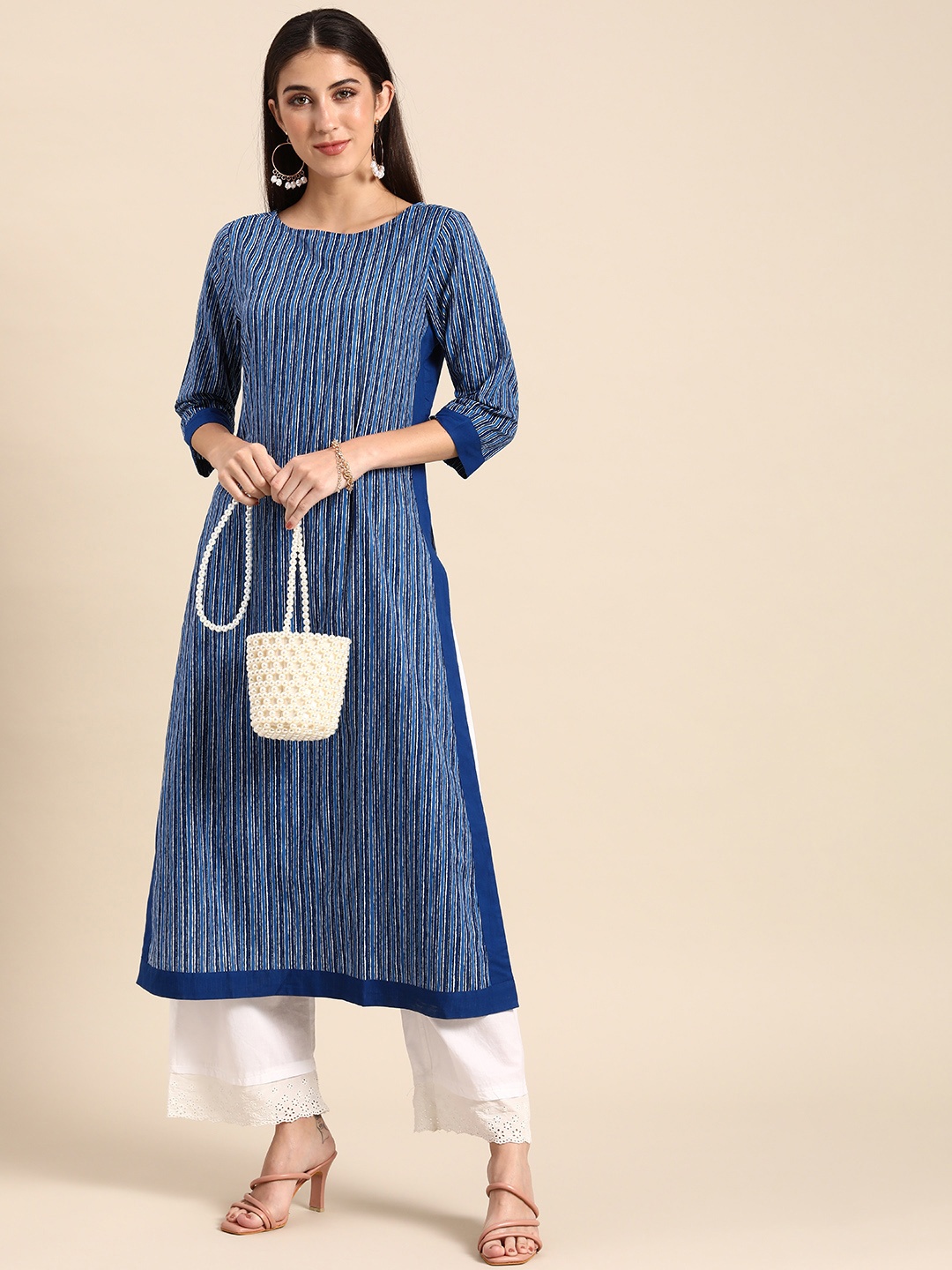 

Anouk Women Striped Pure Cotton Kurta, Blue