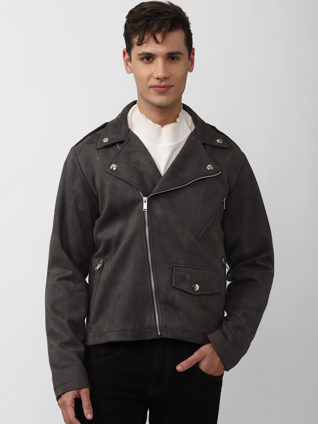 

FOREVER 21 Women Biker Jacket, Grey