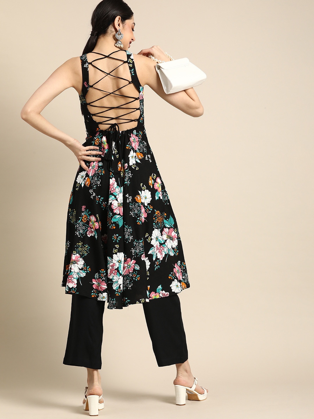 

Anouk Floral Printed Styled Back Fusion Kurta with Trousers, Black