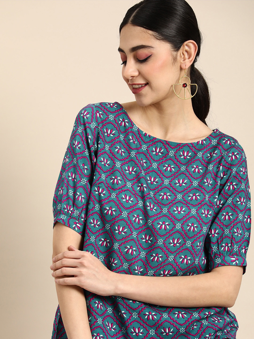 

Anouk Ethnic Motifs Round Neck Print Top Gathered Detail, Teal
