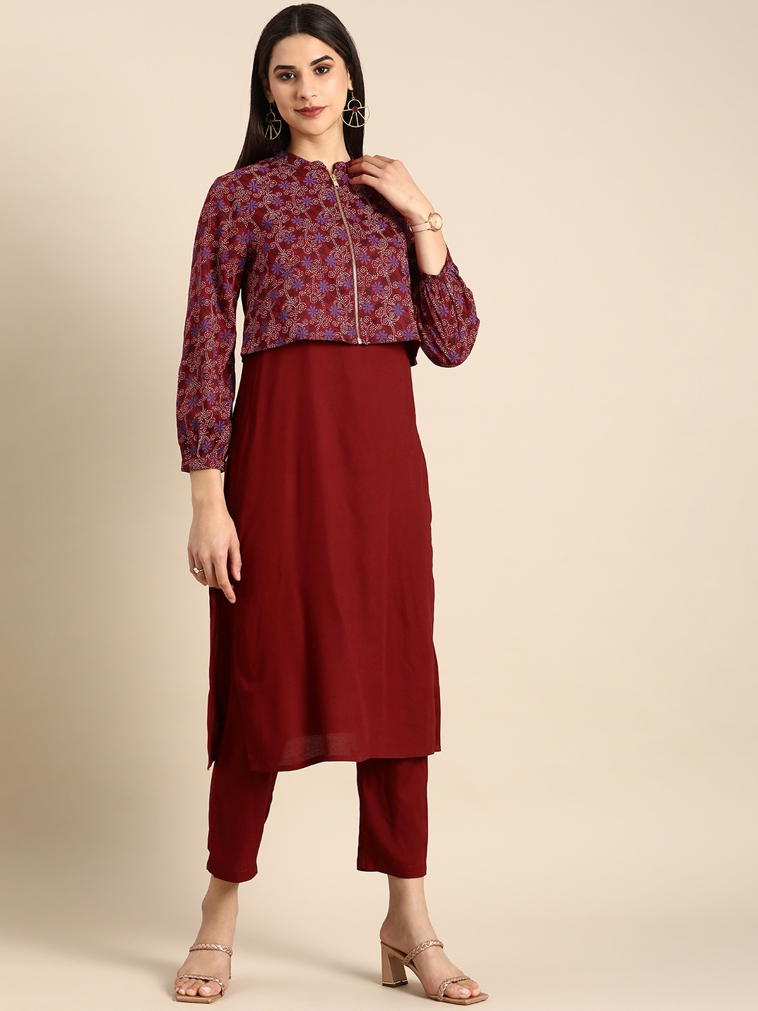 

Anouk Women Kurta with Trousers And Jacket, Maroon