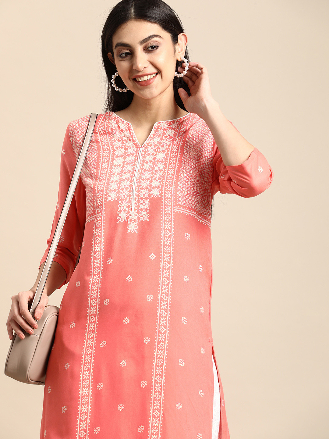 

Anouk V-Neck Three-Quarter Sleeves Ethnic Motifs Printed Kurta, Peach