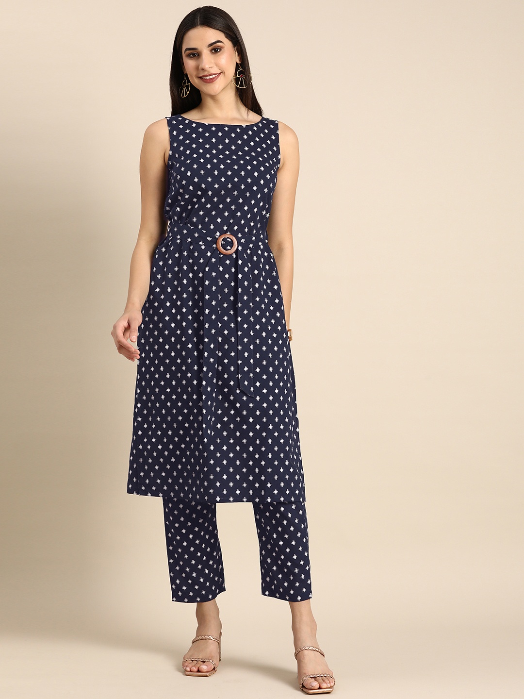 

Anouk Women Geometric Printed Pure Cotton Belted Kurta with Trousers, Navy blue