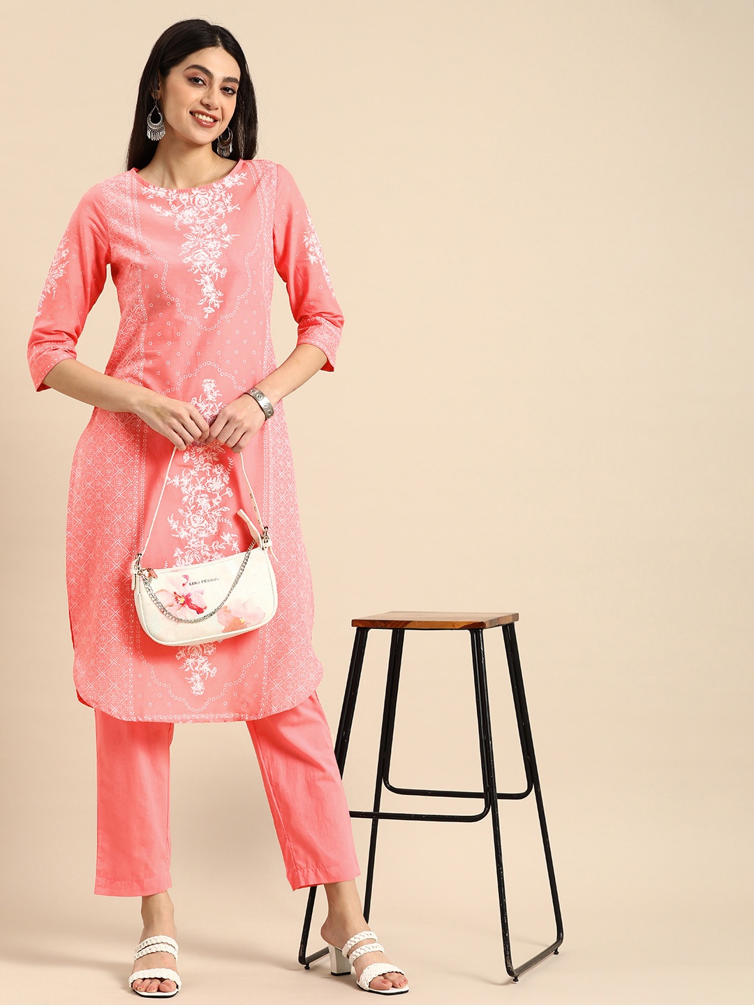 

Anouk Ethnic Motifs Printed Regular Pure Cotton Kurta with Trousers, Peach