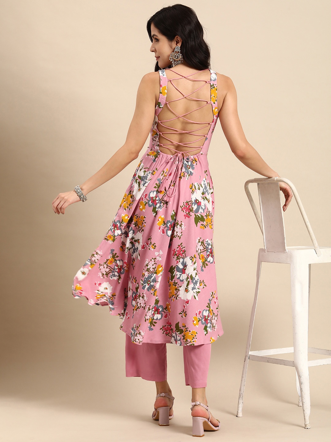 

Anouk Women Floral Printed A-Line Styled Back Kurta with Trousers, Pink