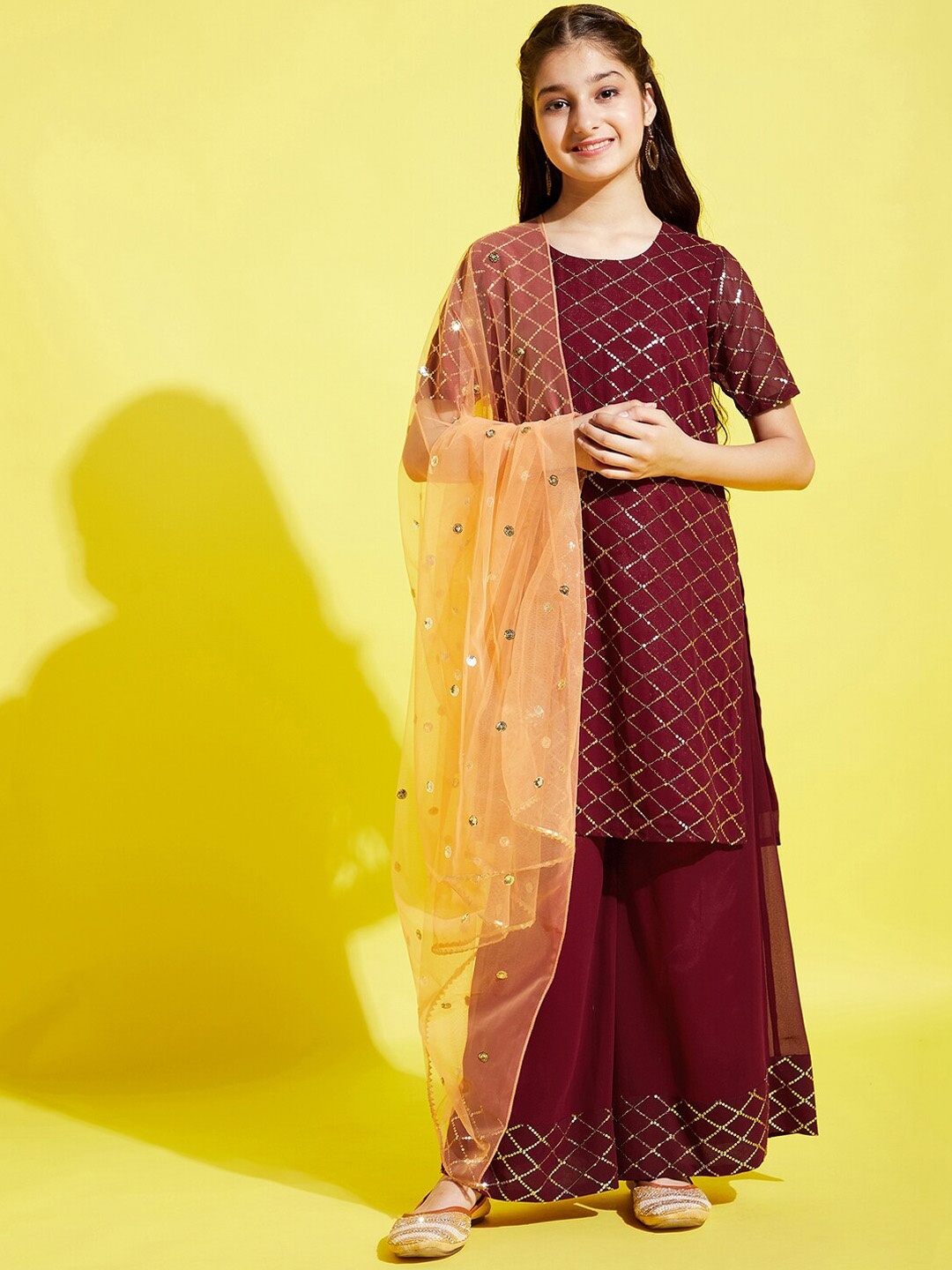 

Cherry & Jerry Girls Embroidered Sequinned Kurta with Sharara & With Dupatta, Maroon