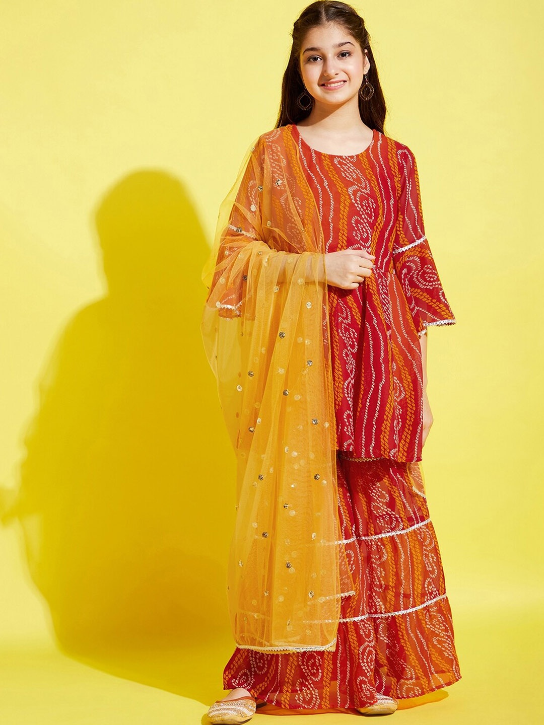 

Cherry & Jerry Girls Bandhani Printed Empire Kurta with Sharara & With Dupatta, Red