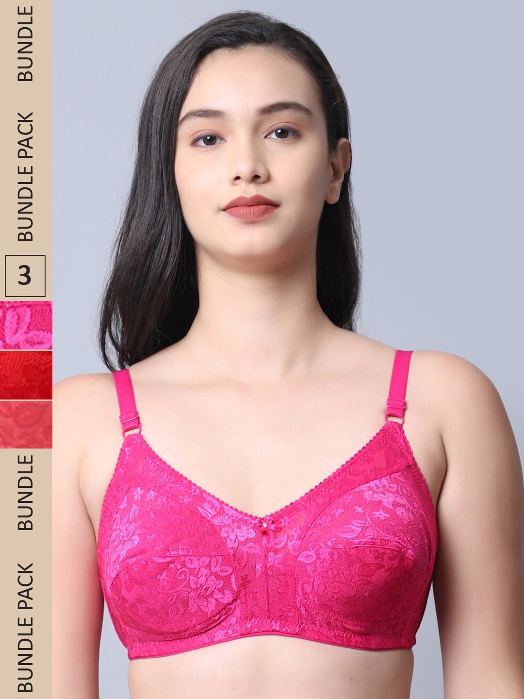 

Jinfo Red & Pink Pack of 3 Floral Everyday Bra