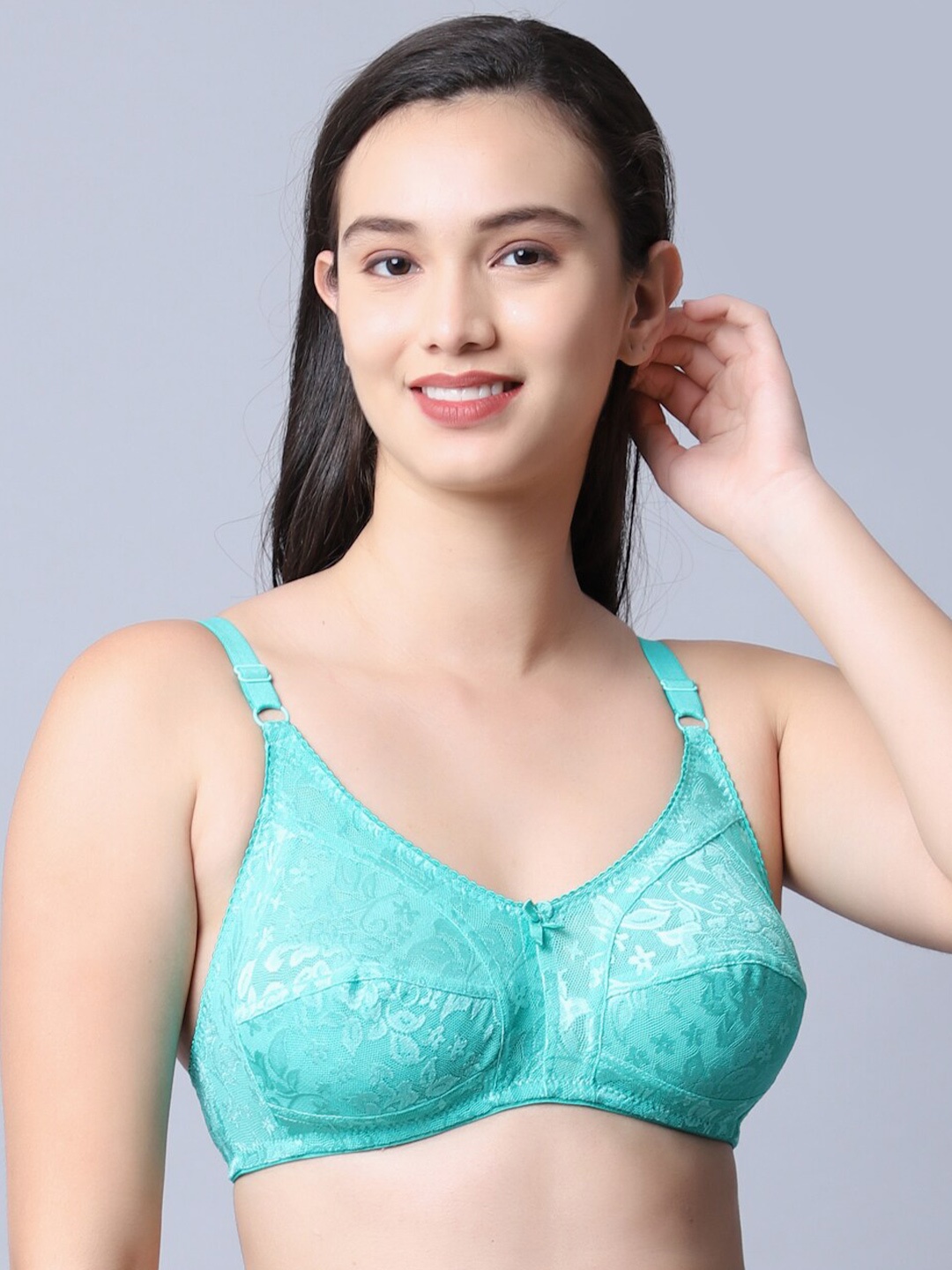 

Jinfo Turquoise Blue Floral With Net Everyday Bra