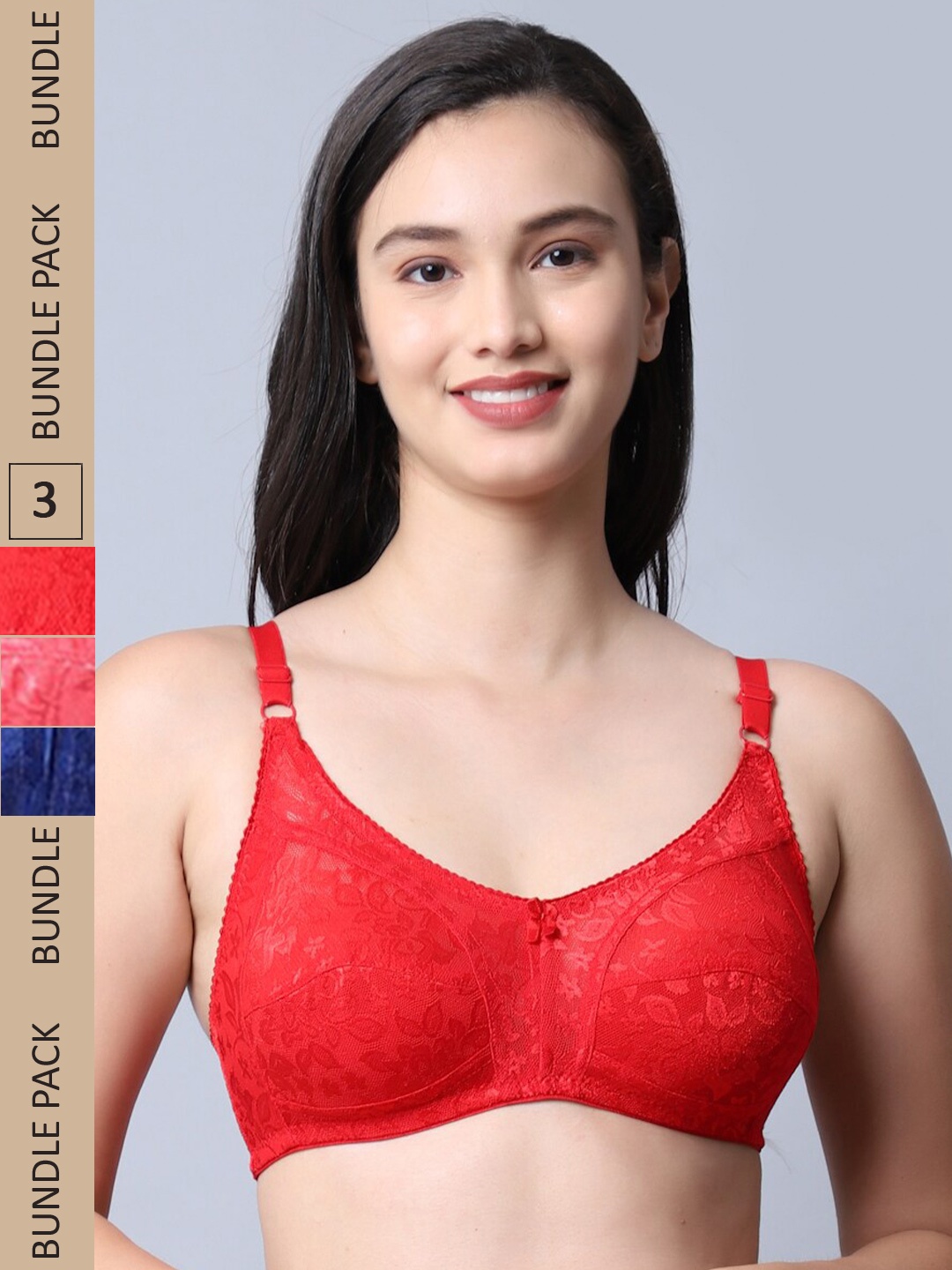 

Jinfo Red & Pink Pack of 3 Floral Everyday Bra