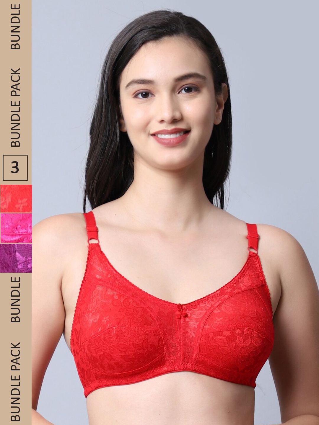 

Jinfo Red & Purple Set of 3 Floral Non Wired Non Padded Bra