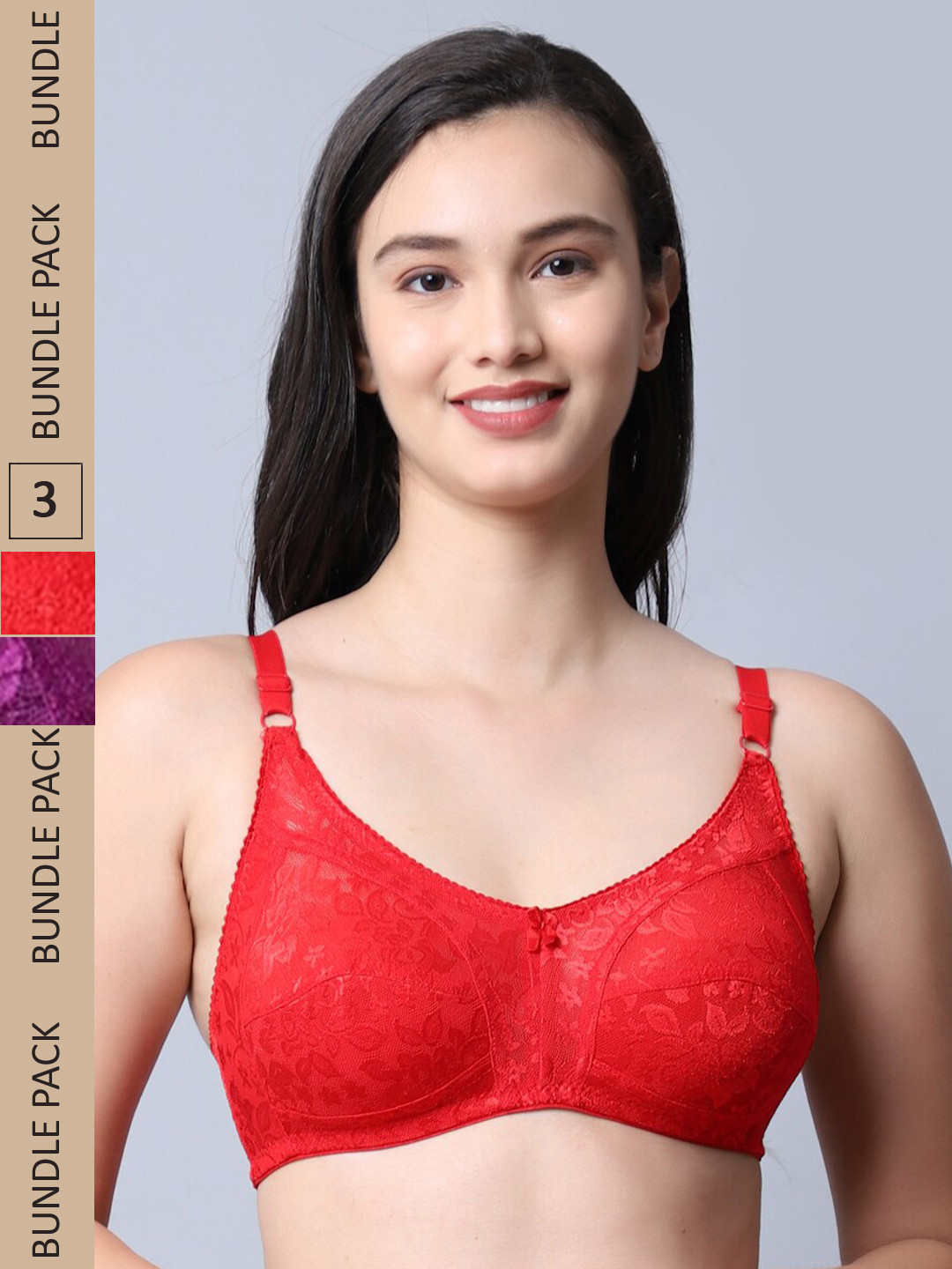 

Jinfo Red & Purple Set of 3 Floral Non Wired Non Padded Bra
