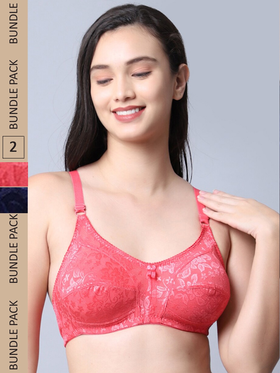 

Jinfo Pink & Navy Blue Set of 2 Floral Non Wired Non Padded Bra
