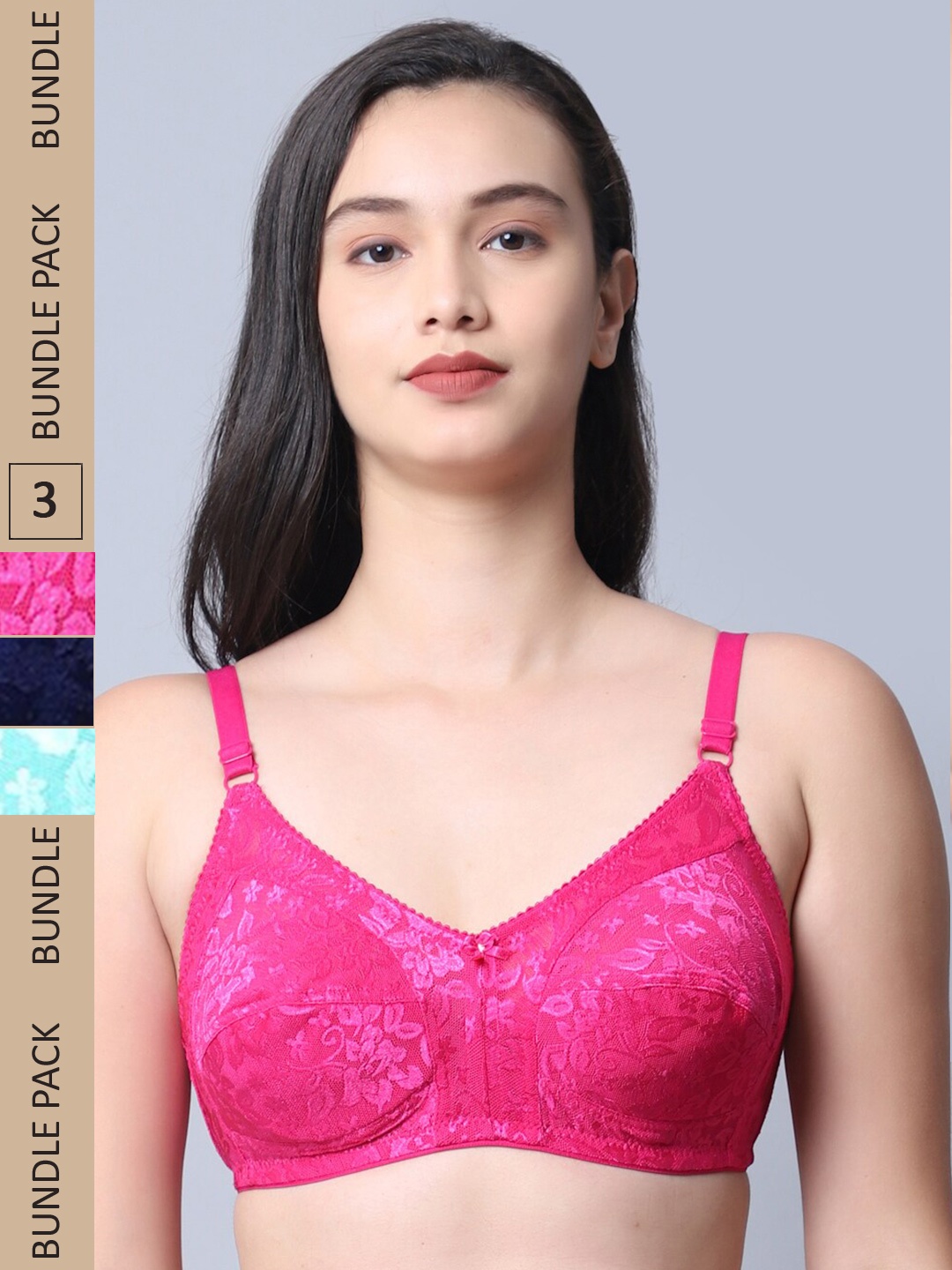 

Jinfo Pink & Navy Set of 3 Blue Floral Non Wired Non Padded Bra