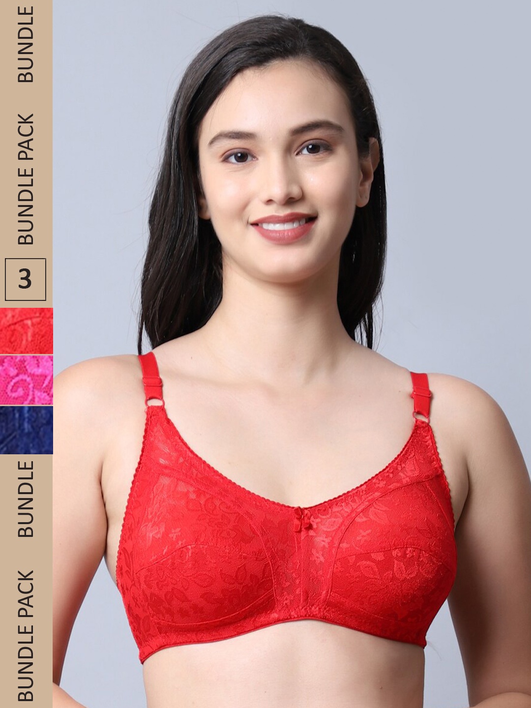 

Jinfo Red & Pink Set of 3 Floral Non Wired Non Padded Bra