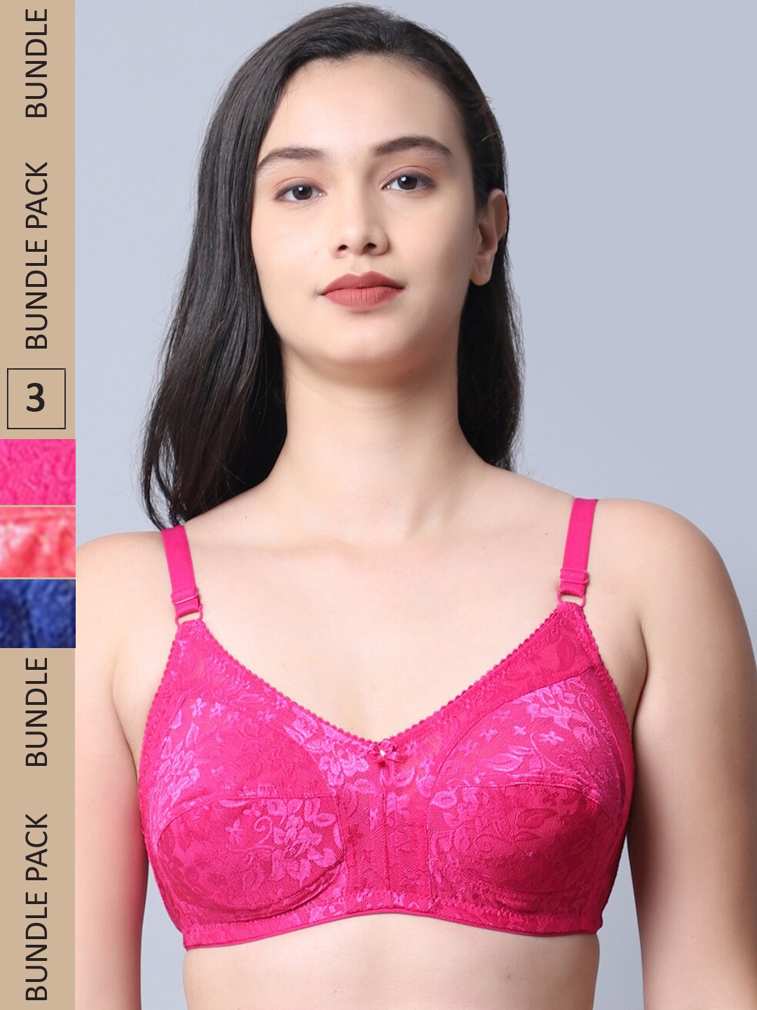 

Jinfo Pink & Peach-Coloured Set of 3 Floral Non Wired Non Padded Bra