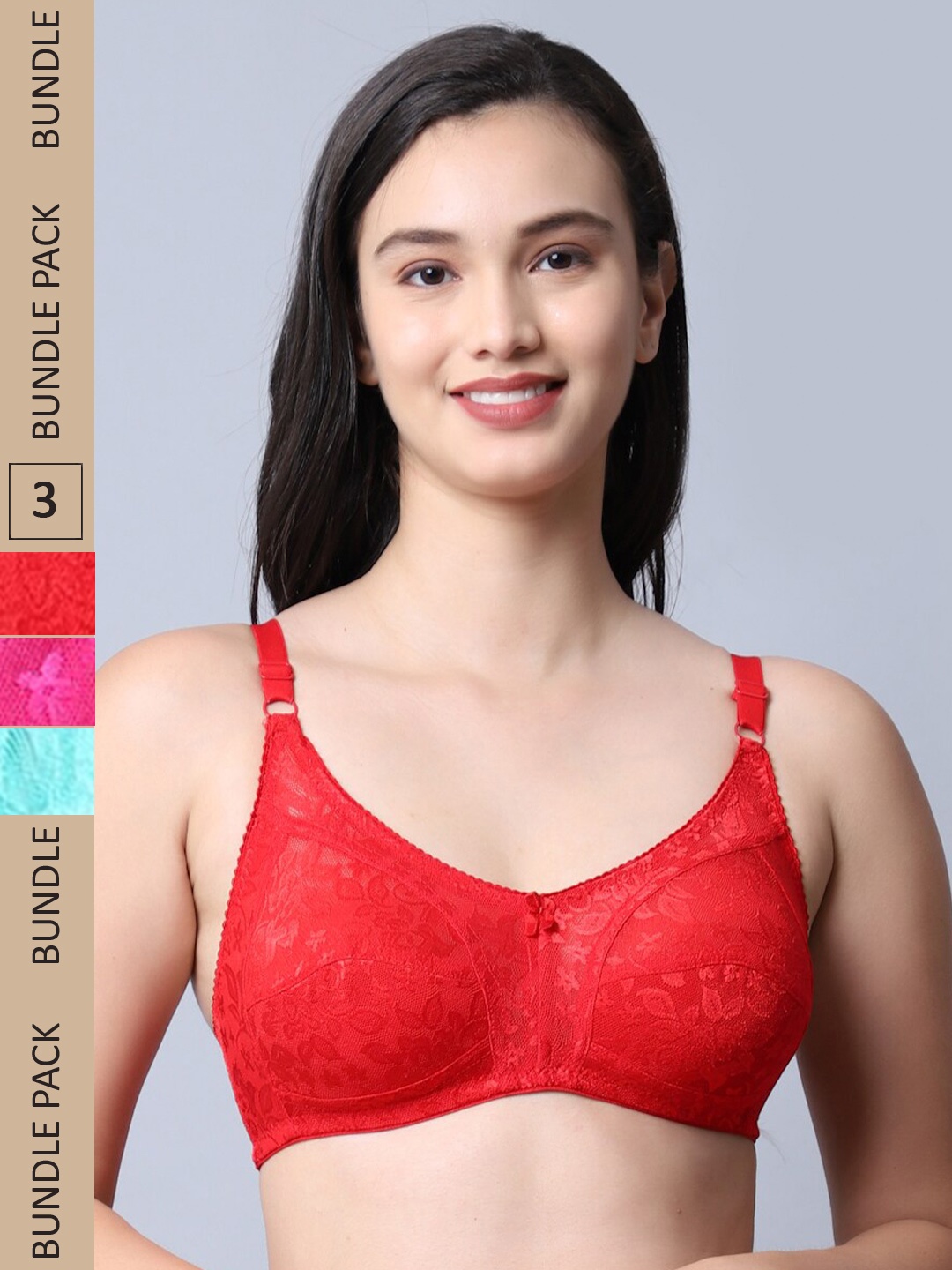 

Jinfo Red & Pink Set of 3 Floral Non Wired Non Padded Bra