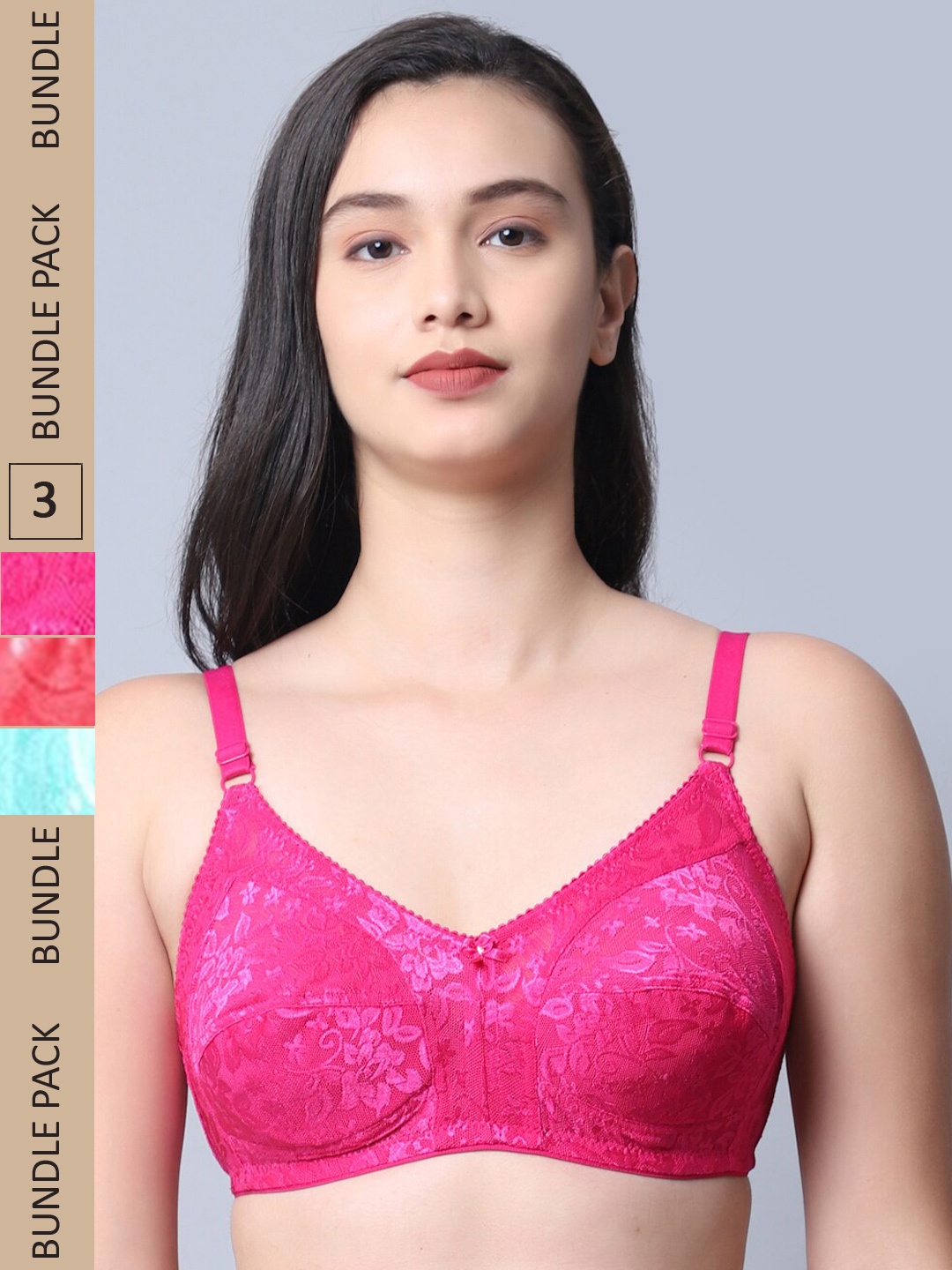 

Jinfo Pink & Peach-Coloured Set of 3 Floral Non Wired Non Padded Bra