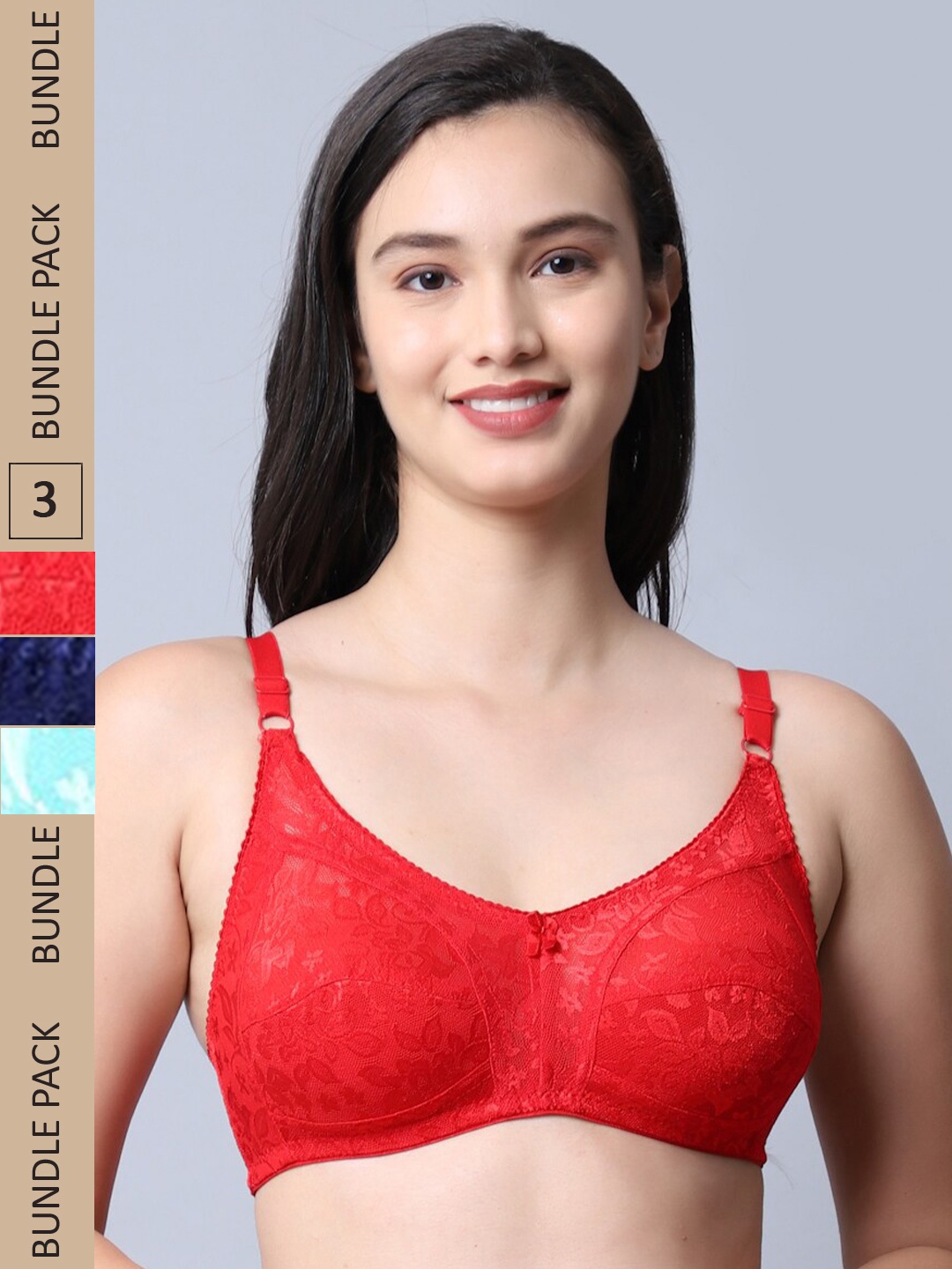 

Jinfo Red & Navy Blue Set of 3 Floral Non Wired Non Padded Bra