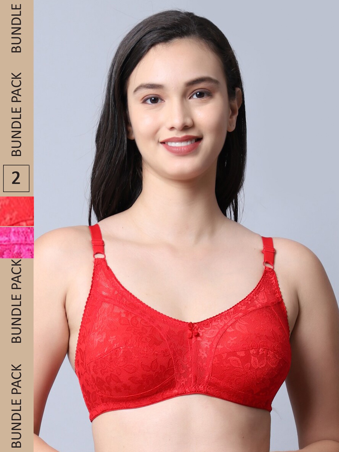 

Jinfo Red & Pink Set of 2 Floral Non Wired Non Padded Bra