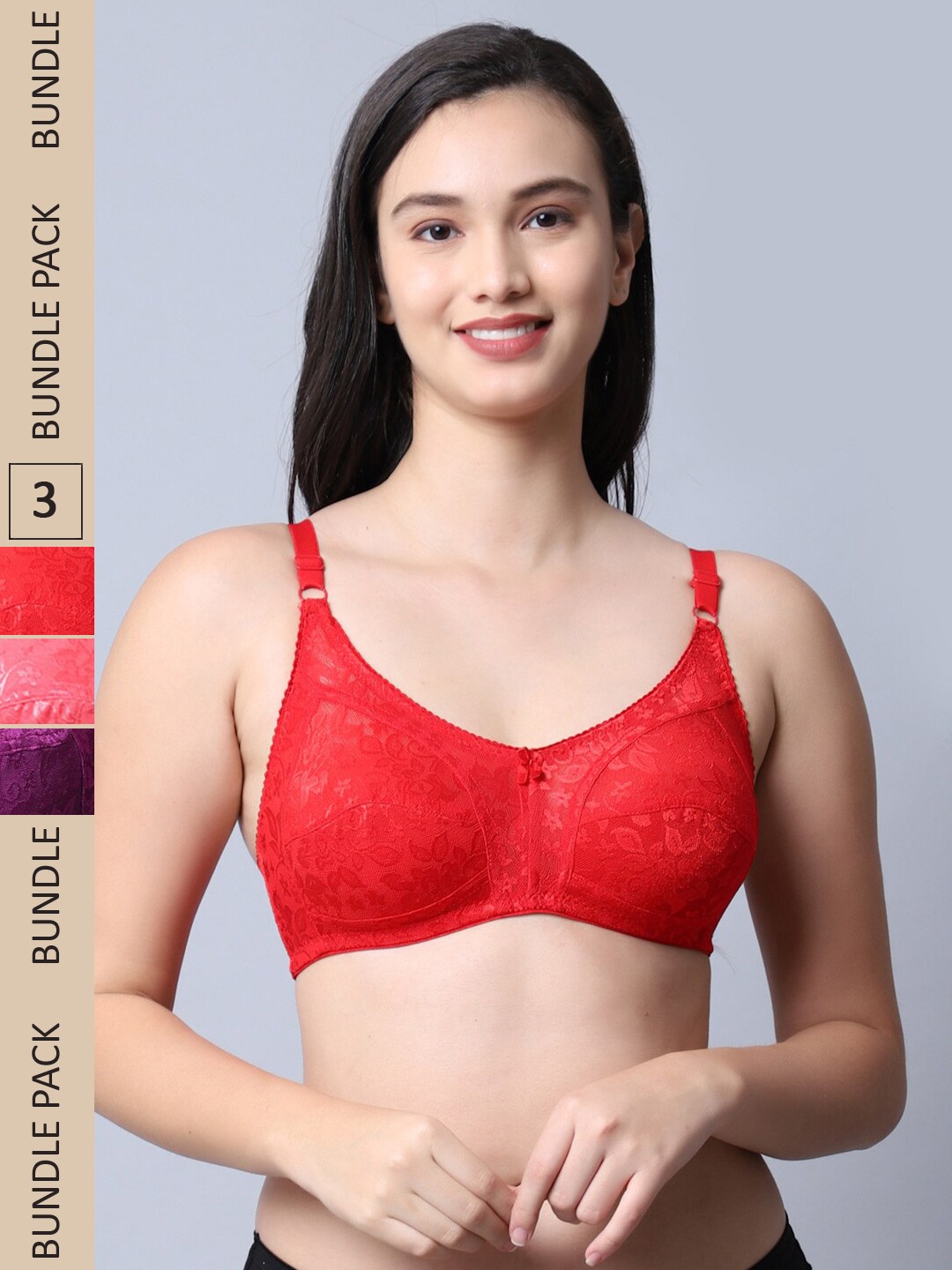 

Jinfo Red & Pink Set of 3 Floral Non Wired Non Padded Bra