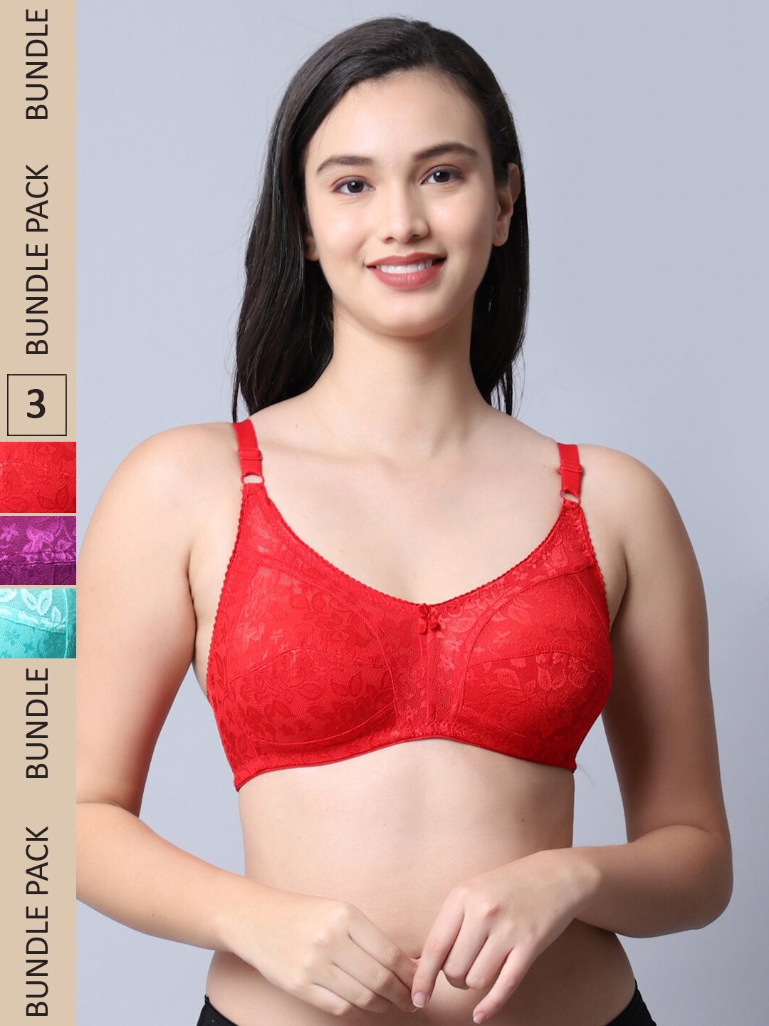 

Jinfo Red & Purple Set of 3 Floral Non Wired Non Padded Bra