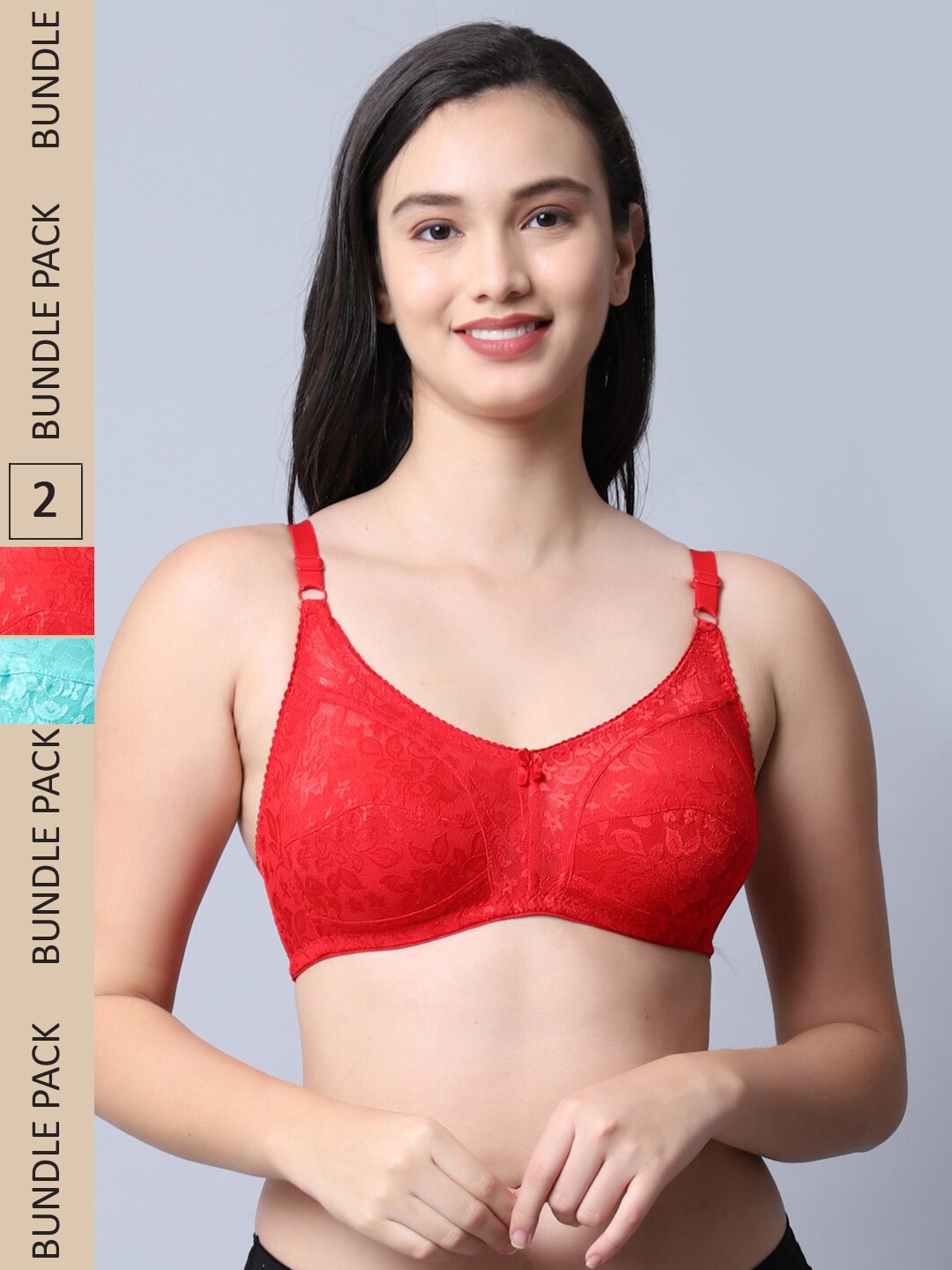 

Jinfo Red & Blue Set of 2 Floral Non Wired Non Padded Bra