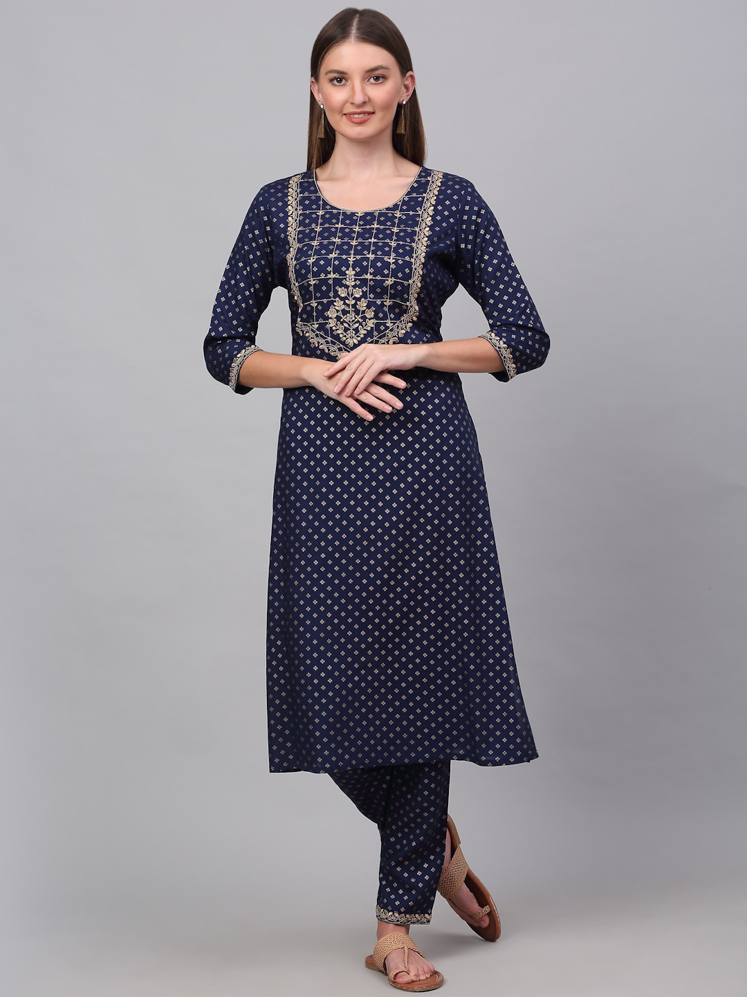 

KALINI Women Printed Kurta with Trousers, Navy blue