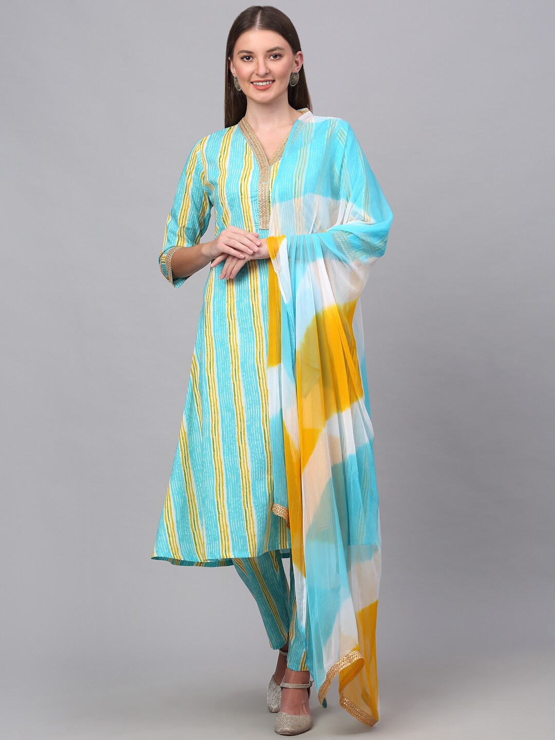 

KALINI Women Striped Gotta Patti Pure Cotton Kurta Set, Turquoise blue