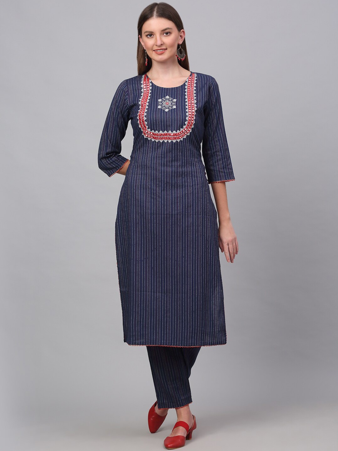 

KALINI Women Striped Kurta with Trousers, Navy blue