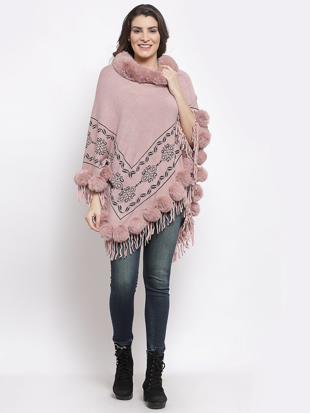 

Mafadeny Women Peach-Coloured & Black Floral Longline Poncho