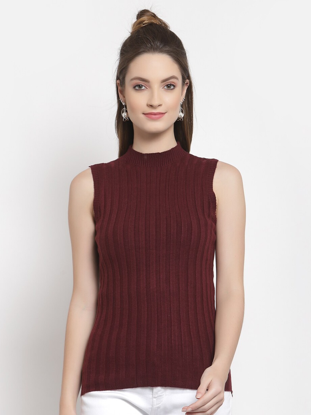 

Mafadeny Women Maroon Striped Sweater Vest