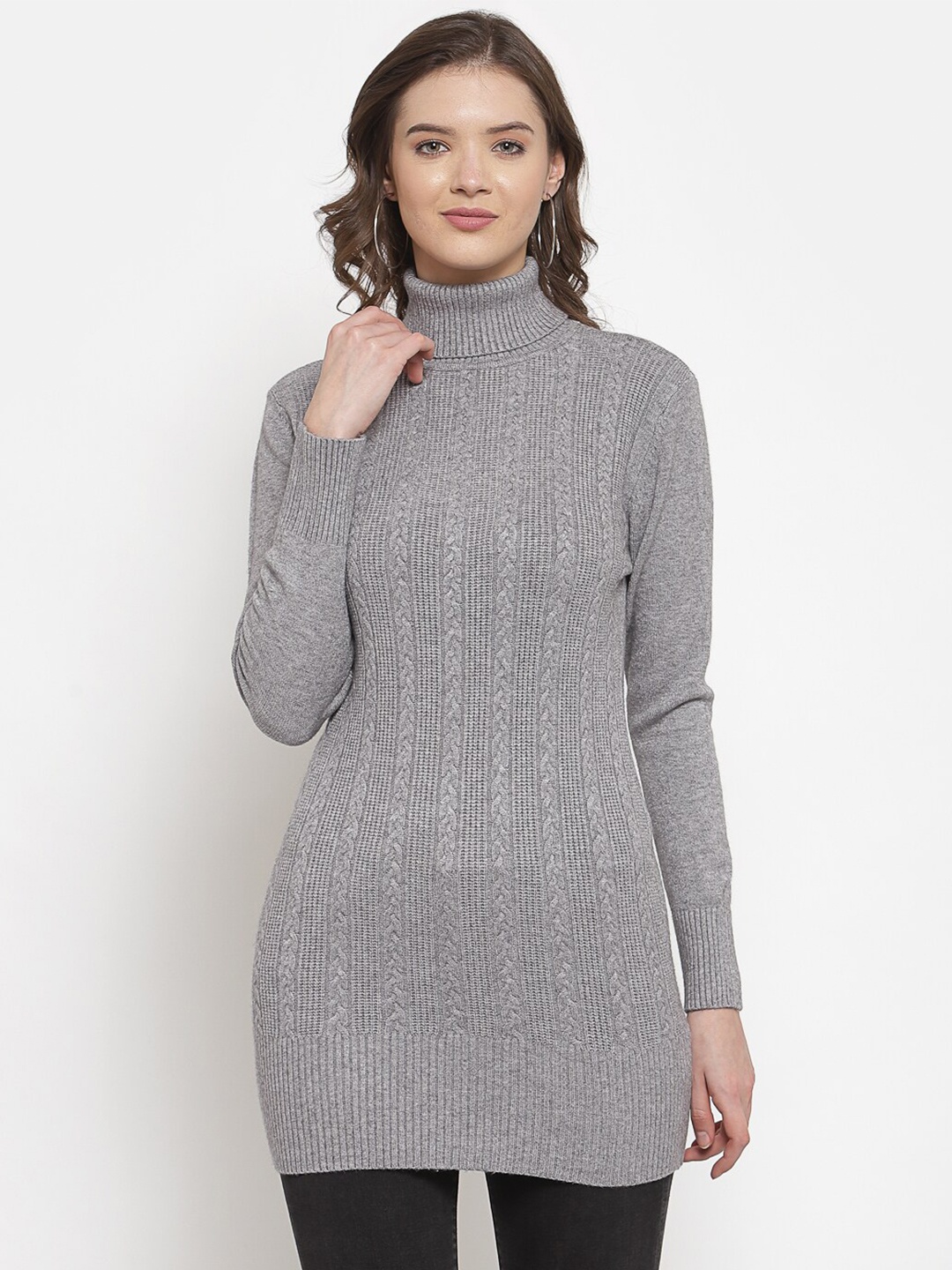 

Mafadeny Women Grey Cable Knit Longline Pullover