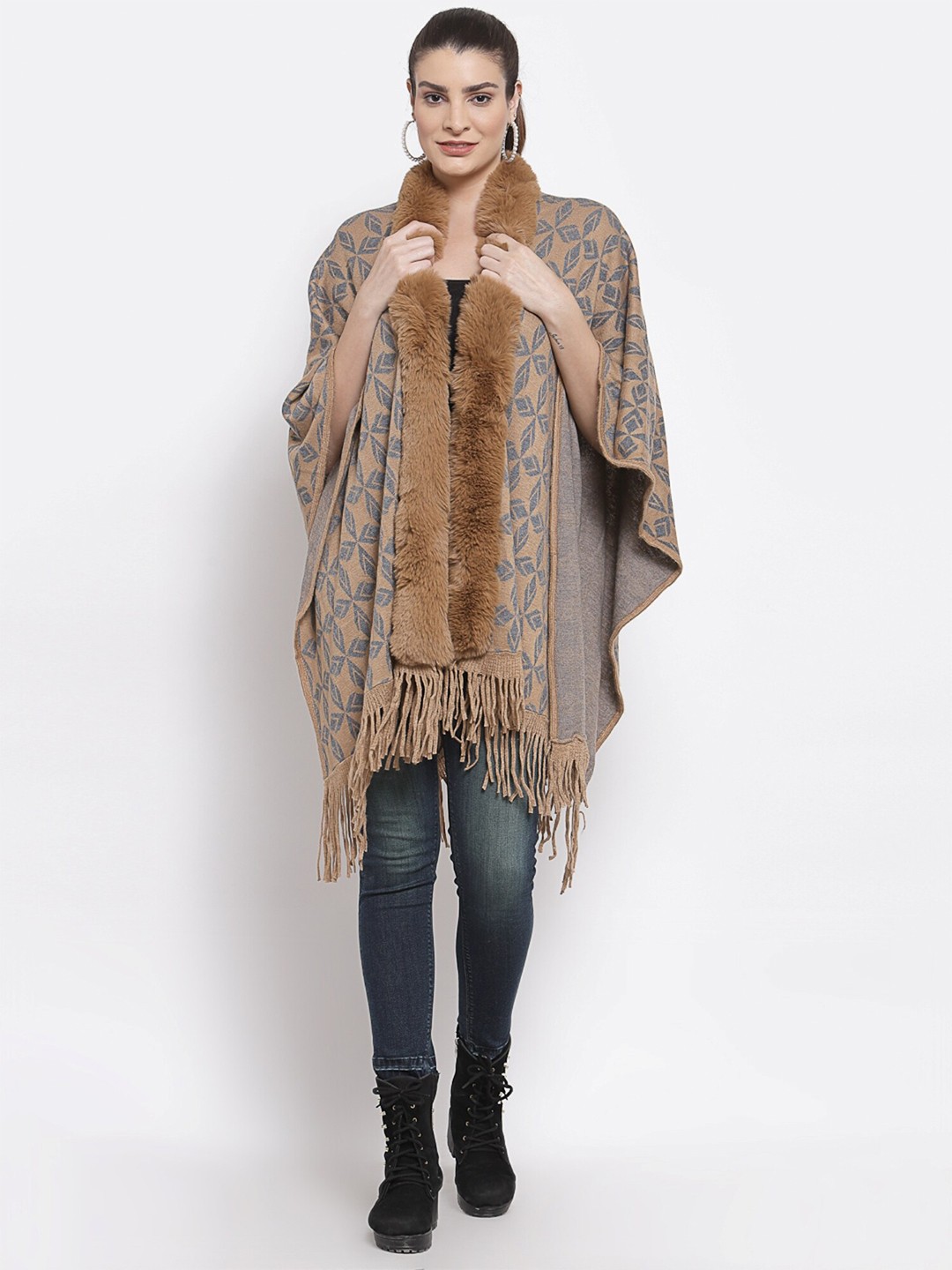 

Mafadeny Women Brown Floral Poncho