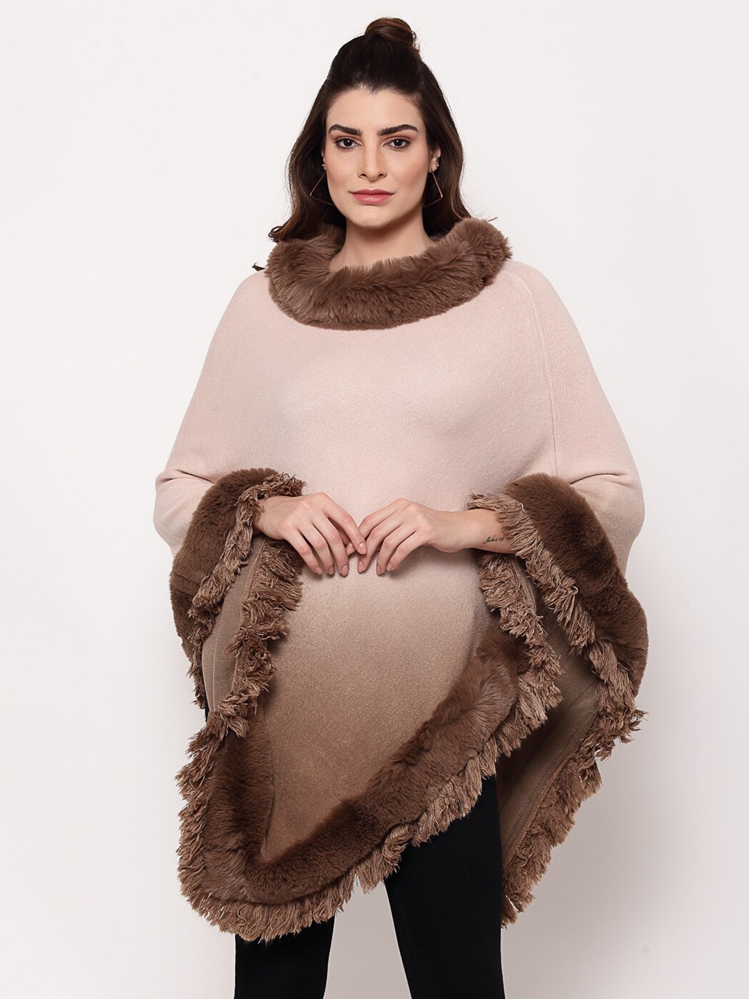 

Mafadeny Women Brown & Beige Colourblocked Longline Poncho Sweater