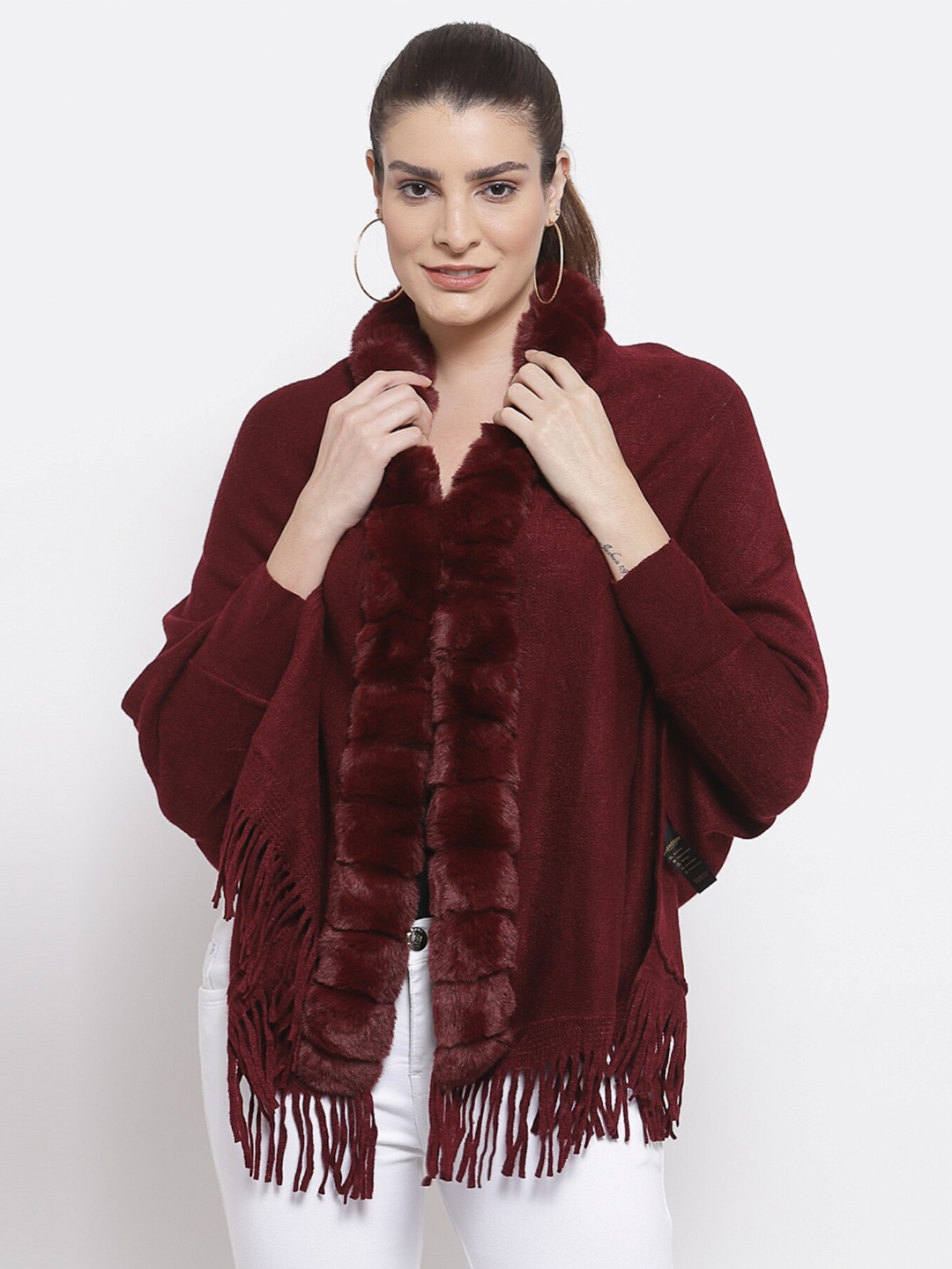 

Mafadeny Women Maroon Poncho Sweater