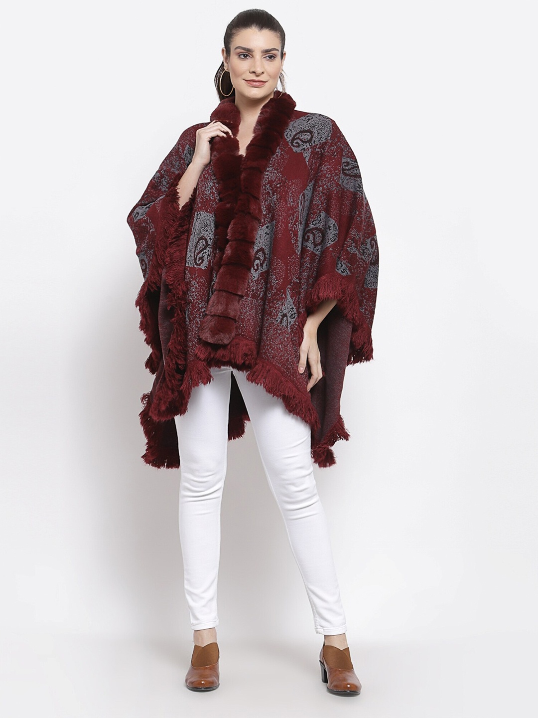

Mafadeny Women Maroon & Grey Poncho with Fuzzy Detail Sweater