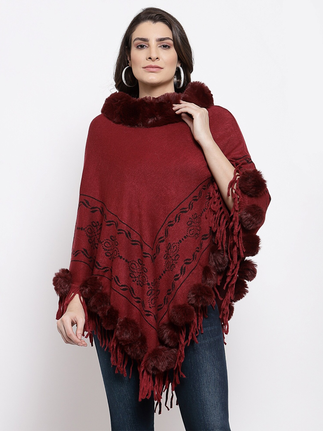 

Mafadeny Women Maroon & Black Floral Poncho Sweater