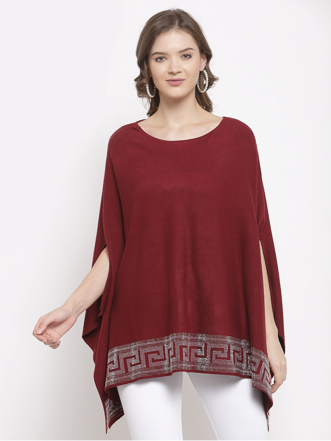 

Mafadeny Women Maroon Printed Poncho Sweater