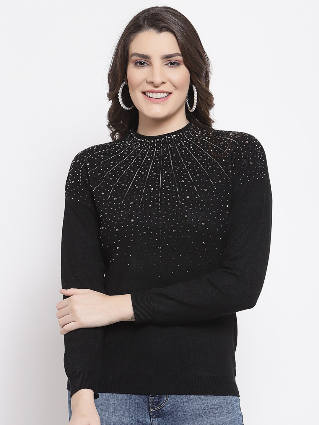 

Mafadeny Women Black Pullover with Embellished Detail Sweater